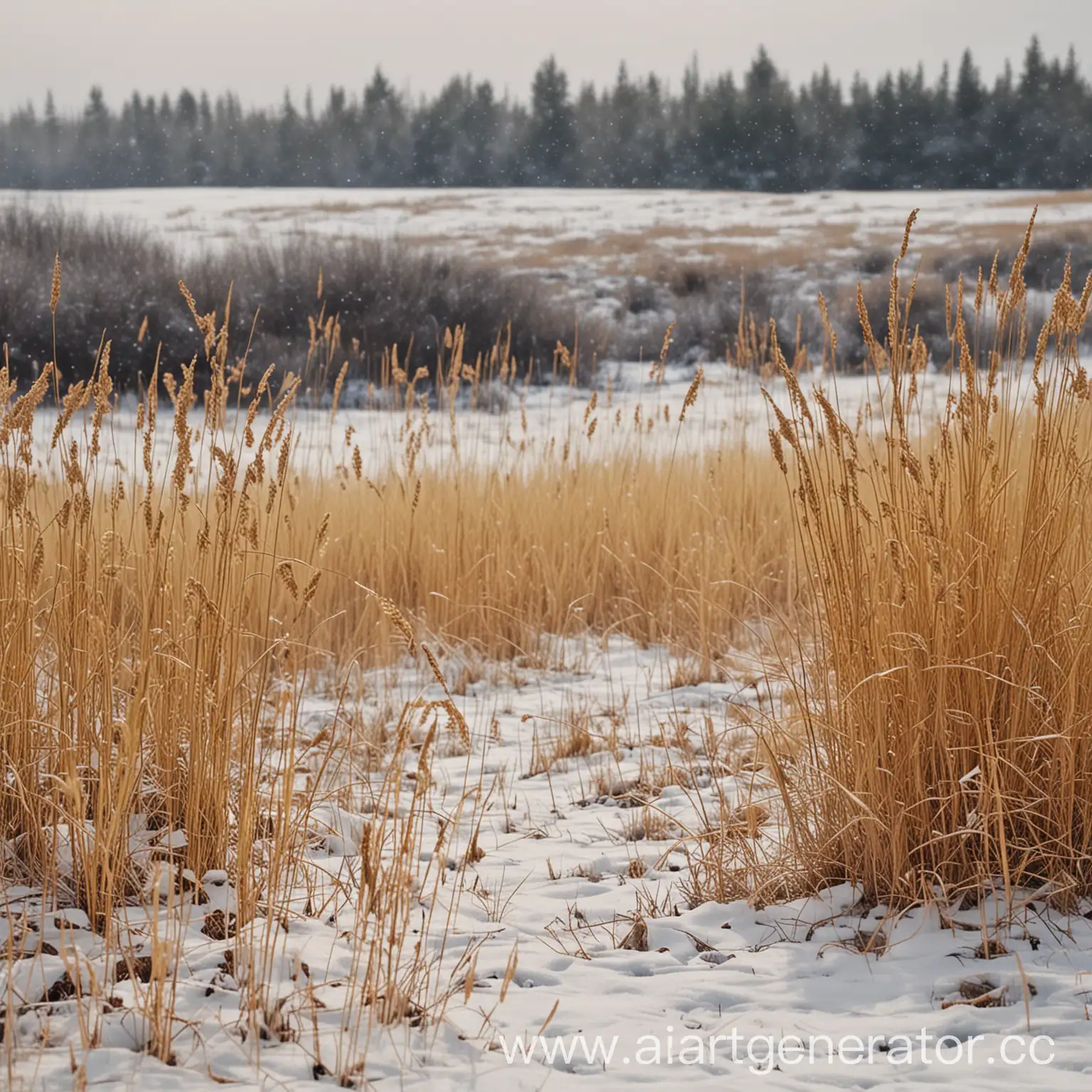 Tranquil-Winter-Landscape-SnowCovered-Yellowed-Grass-under-Gentle-Breeze