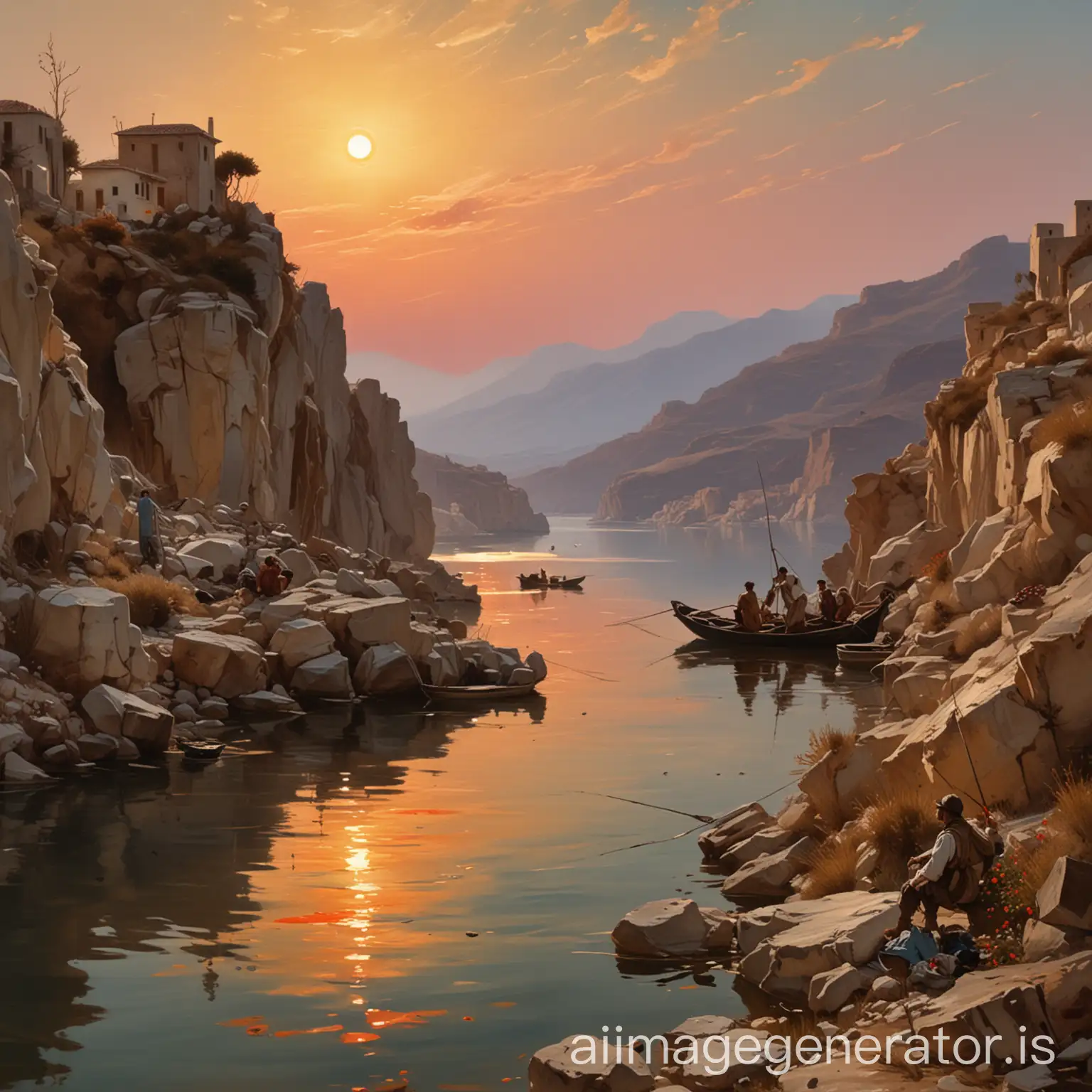 a sunset fishermen's painting by John Singer Sargent levitated in a dystopian greek landscape