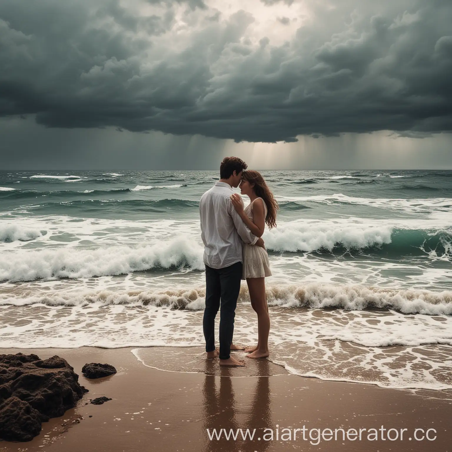Влюбленные девушка и парень, стоят на берегу океана который штормит