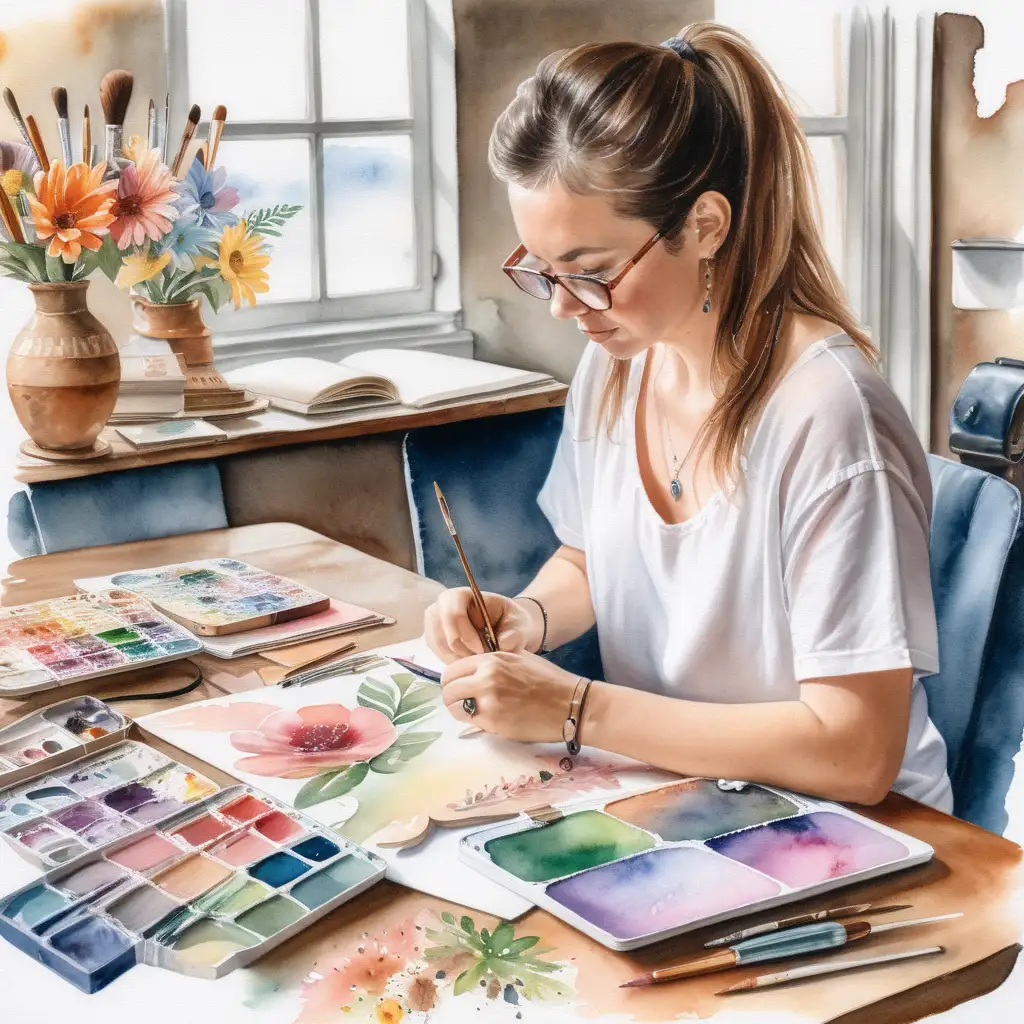 Woman Scrapbooking with Watercolor in a Cozy Setting
