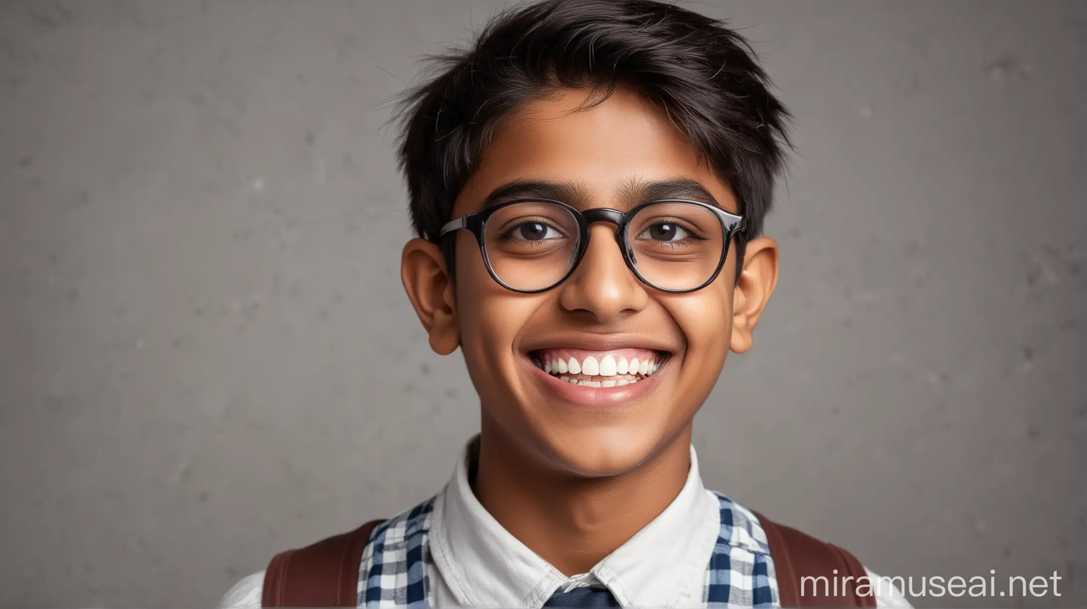 Indian student with big front teeth  wearing glasses