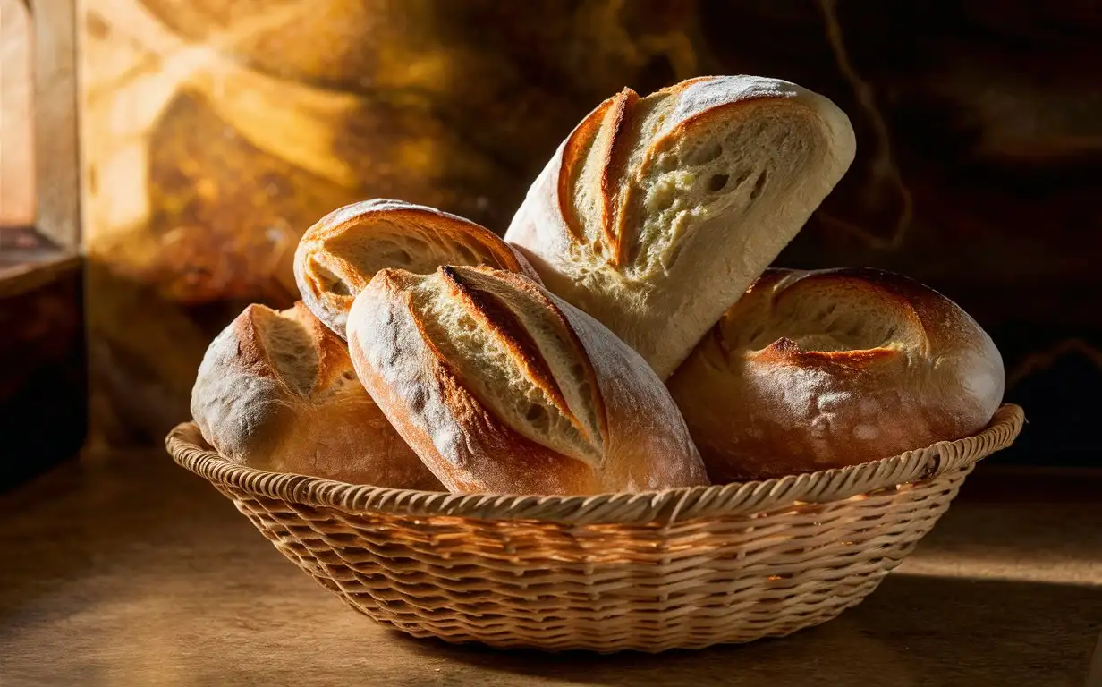 A basket of freshly baked French bread set in a rustic kitchen, photographed in a natural style, with abundant natural light, a backlit shot, and a composition that highlights texture, showcasing the crusty bread