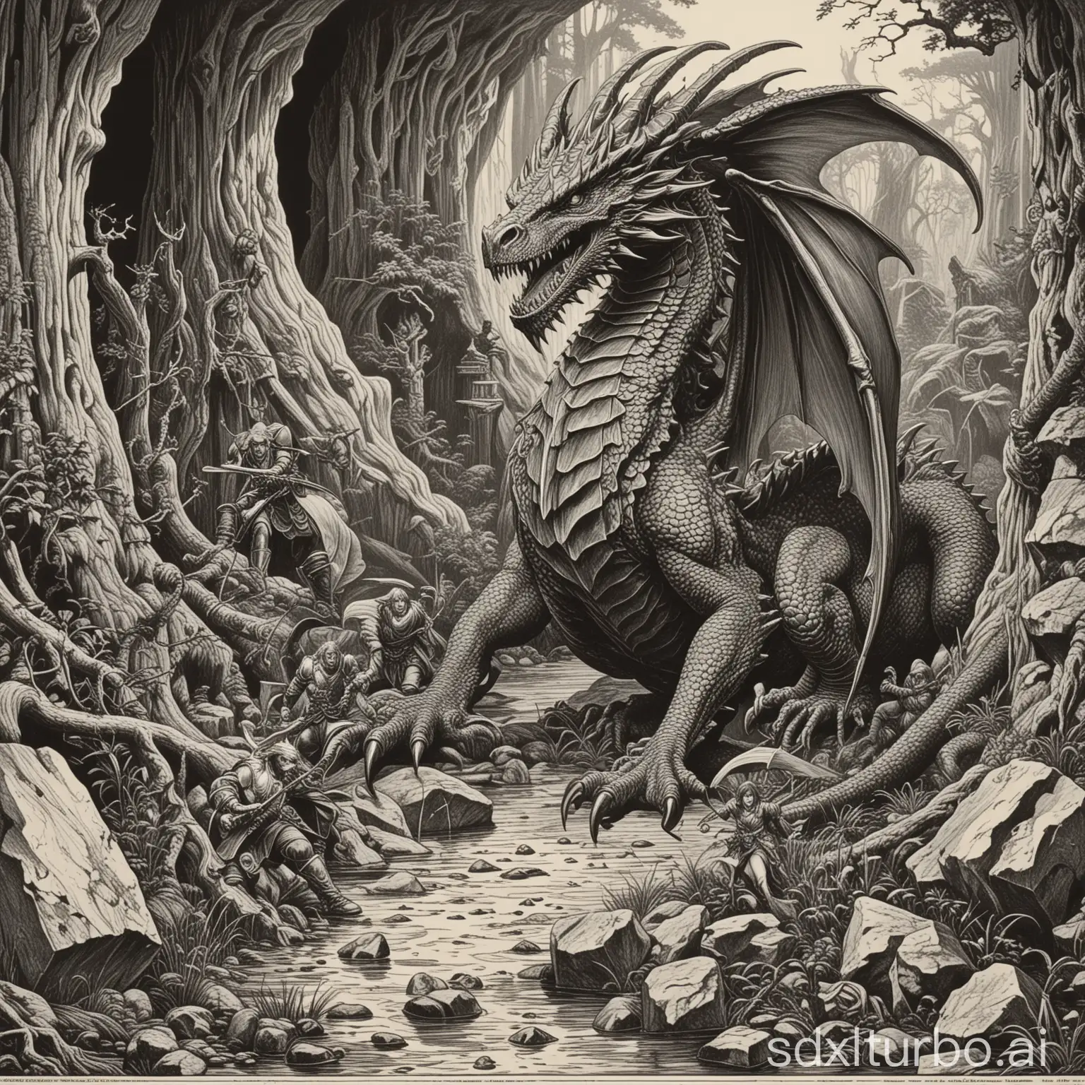style of 1978 dungeons and dragons, by Larry Elmore, white background, 1bit bw, woodcut, a dragon on its hoard,