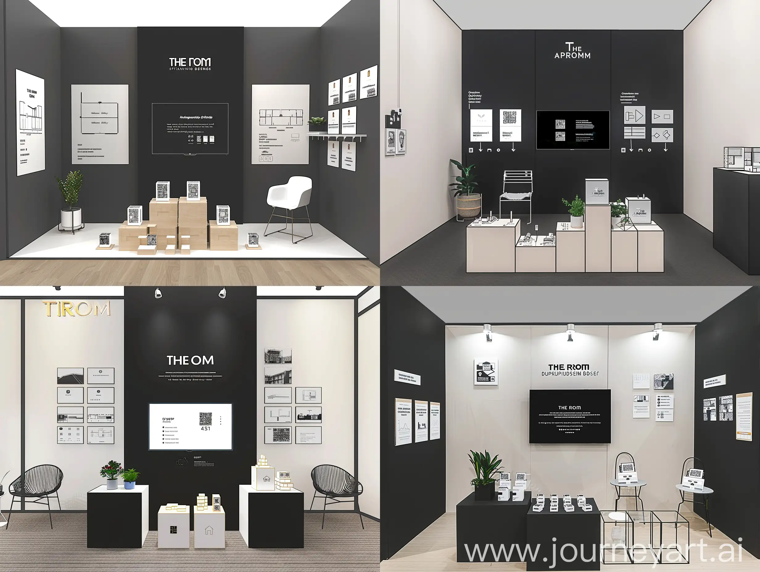 An interior design booth, black-white-warm mood tone, modern design, simple, artistic and functional. There is black a back wall at the middle with The Room Architecture and Design logo and smart TV showing the company architectural design service; shows QR codes with some steps to download a VR models. company postures hanging, 2 chairs with planter pot.  3 modular boxes with architectural physical models, many tiny qr codes cubes, and architectural games. 