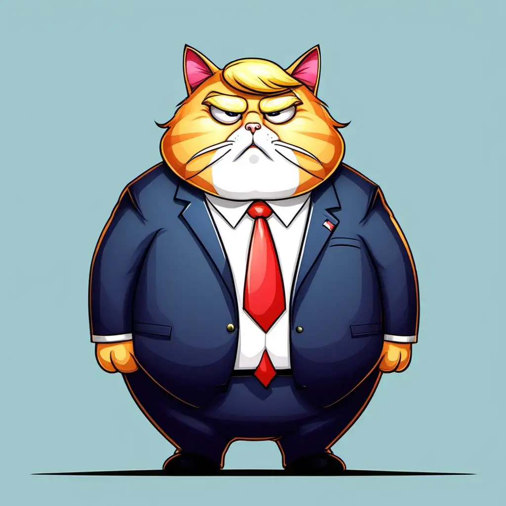 Chubby Cartoon Cat Dressed as Trump Whimsical 2D Art