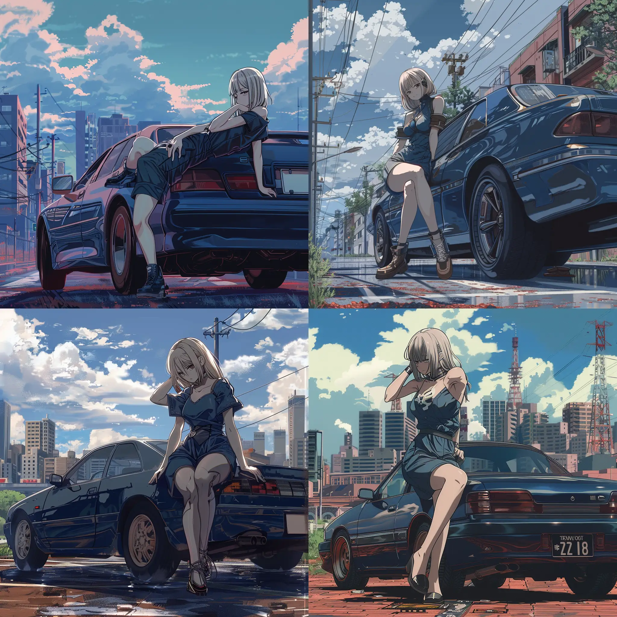 anime, style cyberpunk, car, leans on the car, outside the city, biker suit