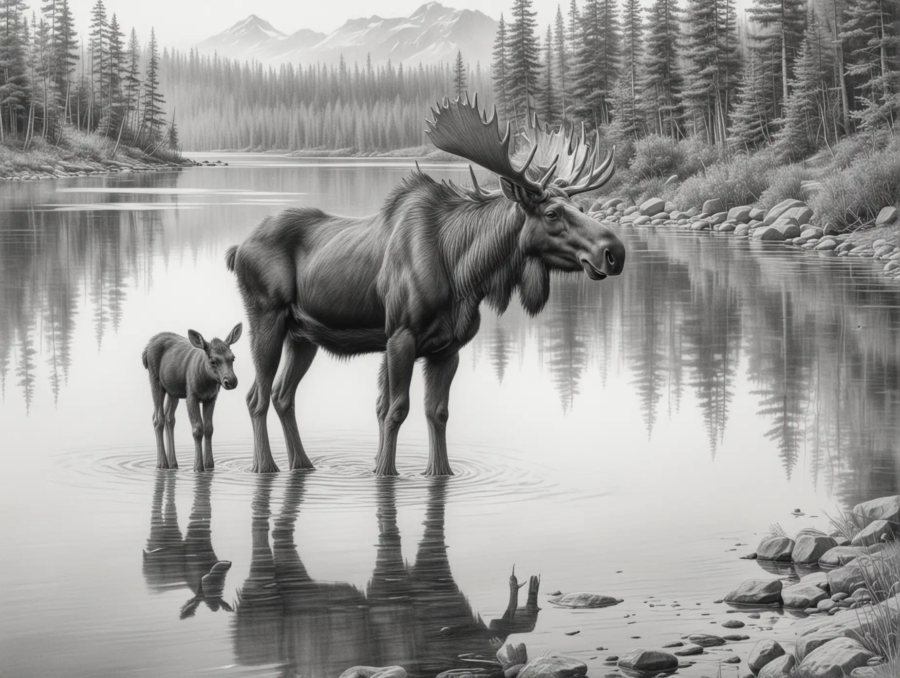 Realistic-Pencil-Drawing-of-Moose-and-Calf-by-Lake