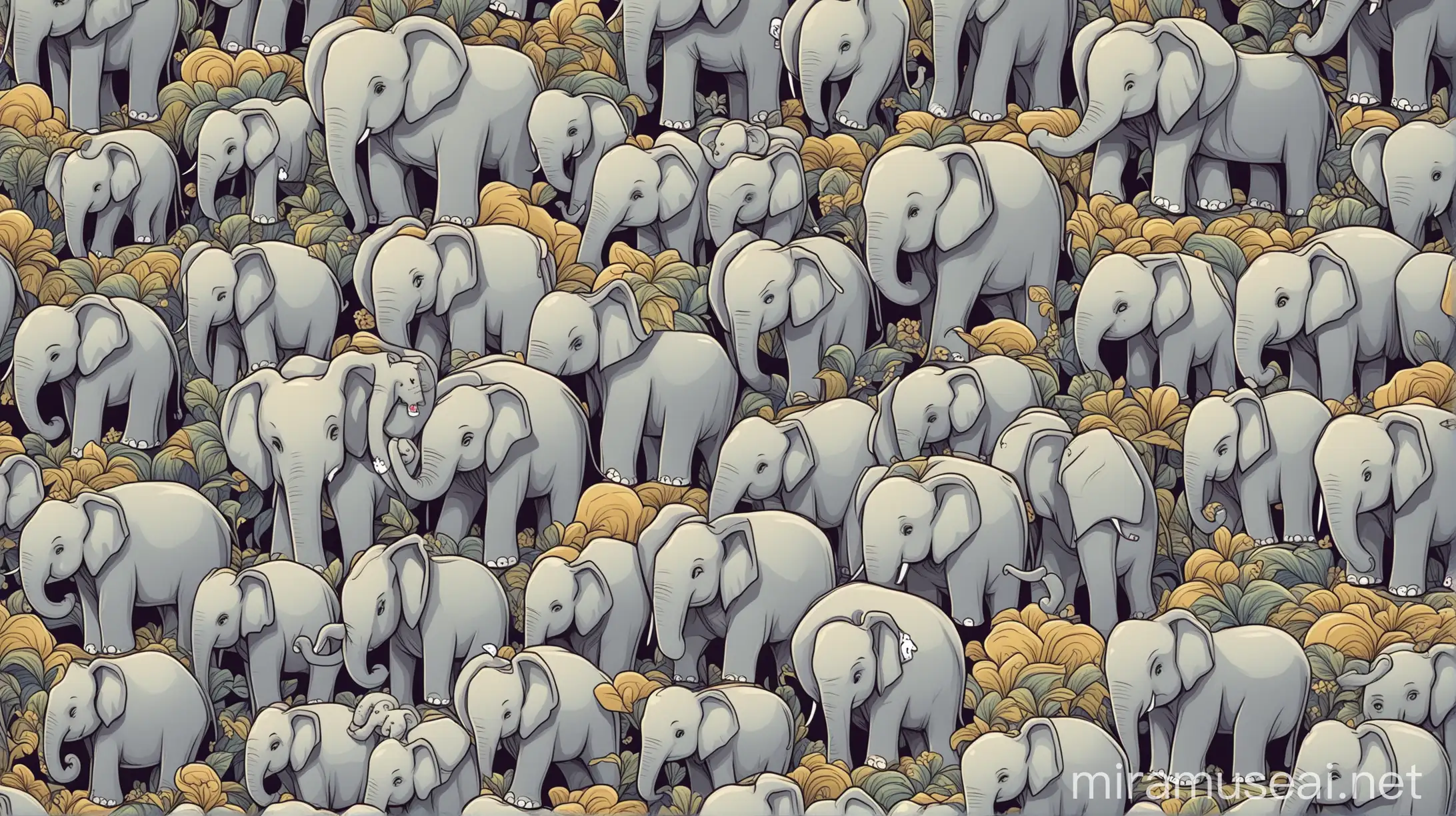 Elephant Herd Seamless Pattern with Hidden Cat