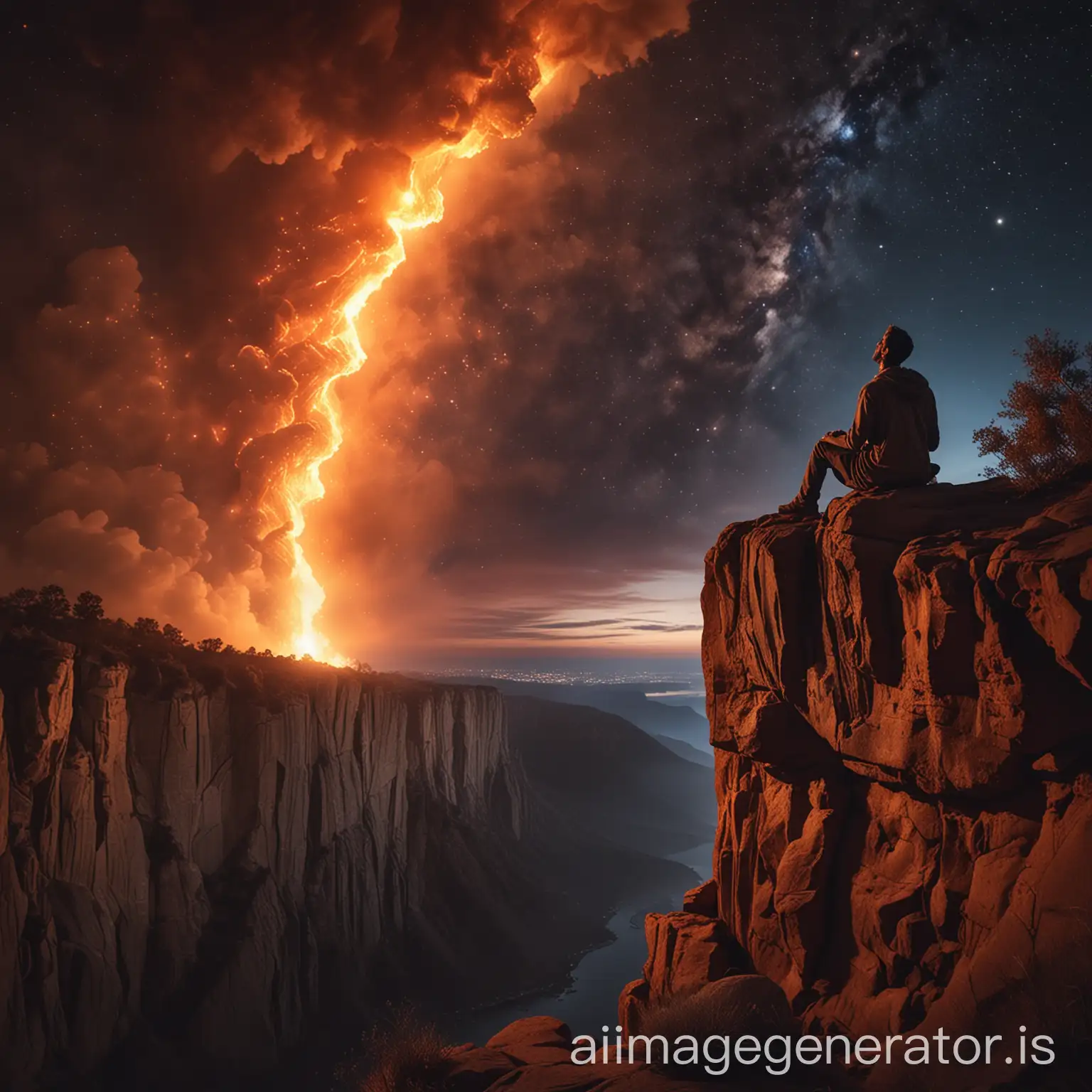 Contemplative-Man-on-Cliff-at-Night-Under-Divine-Sky