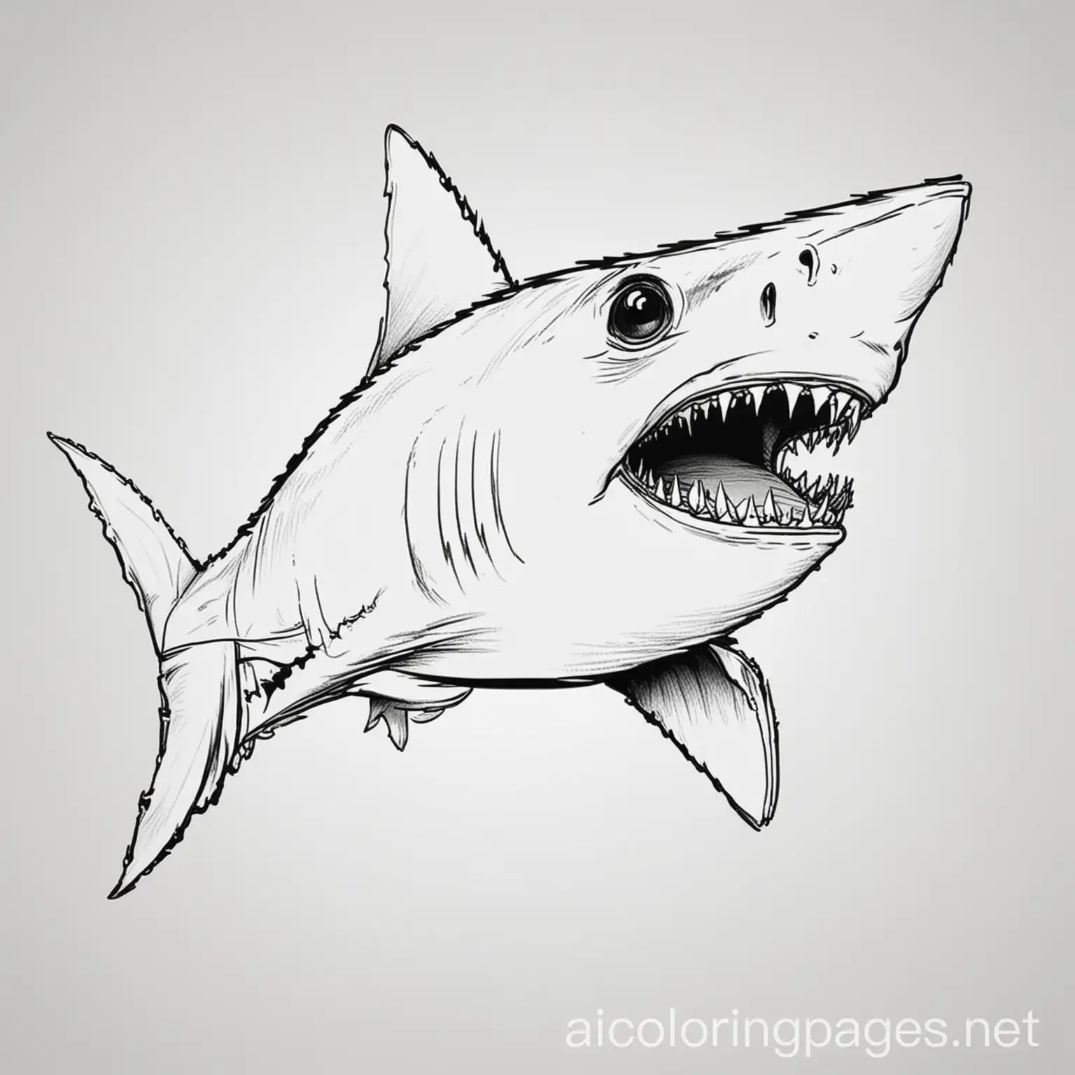 scary shark, Coloring Page, black and white, line art, white background, Simplicity, Ample White Space. The background of the coloring page is plain white to make it easy for young children to color within the lines. The outlines of all the subjects are easy to distinguish, making it simple for kids to color without too much difficulty