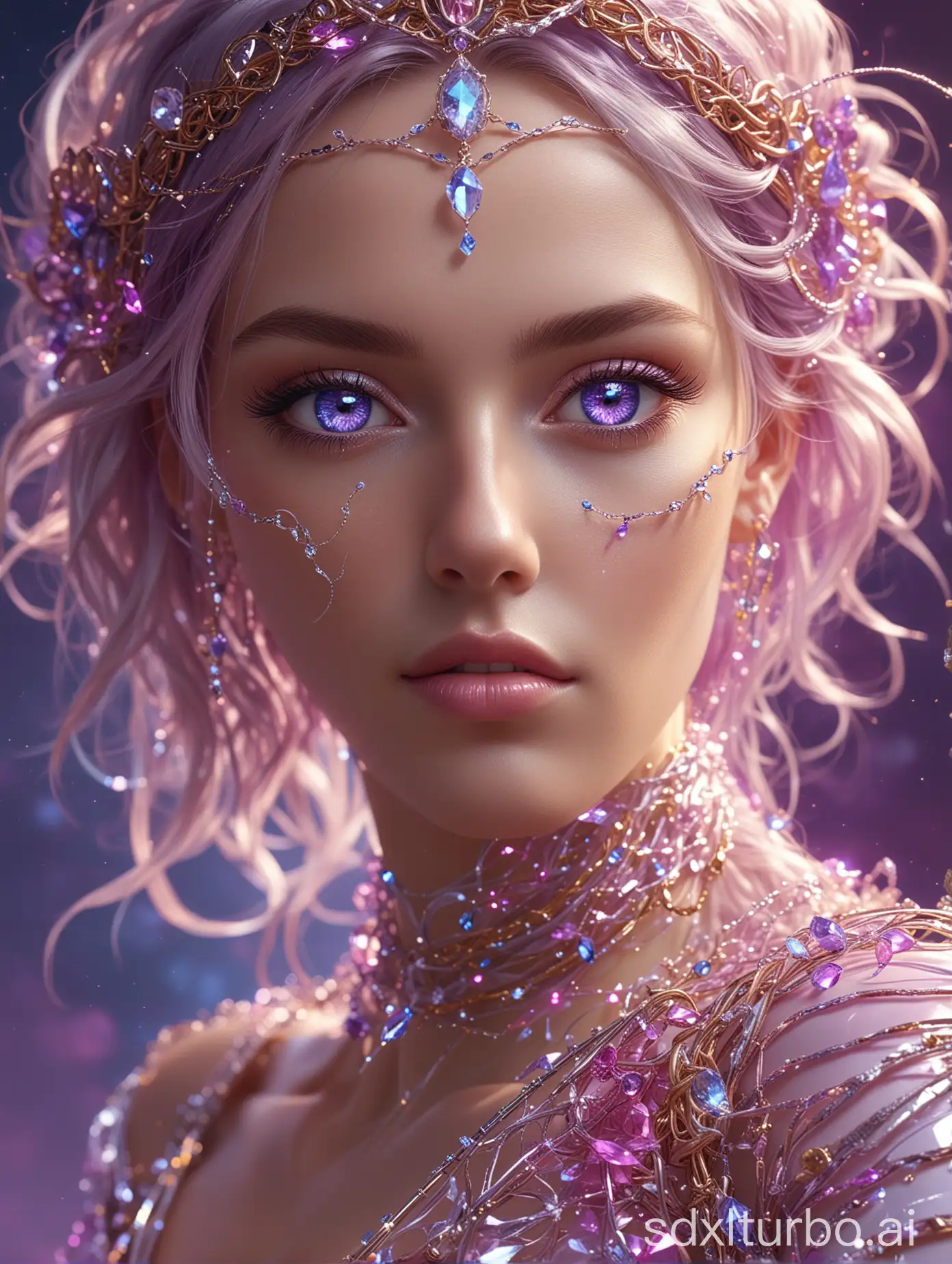 (venus,goddess),(pink and white entanglement),Masterpiece, beautiful details,  uniform 8K wallpaper, high resolution,perfect light,glowing eye,(purple and golden entanglement), (crystal and silver entanglement),Crystal Blue