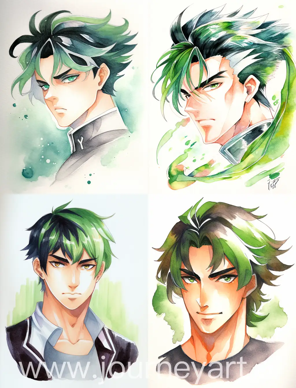 Male portrait with black and green hair, watercolor - niji 6