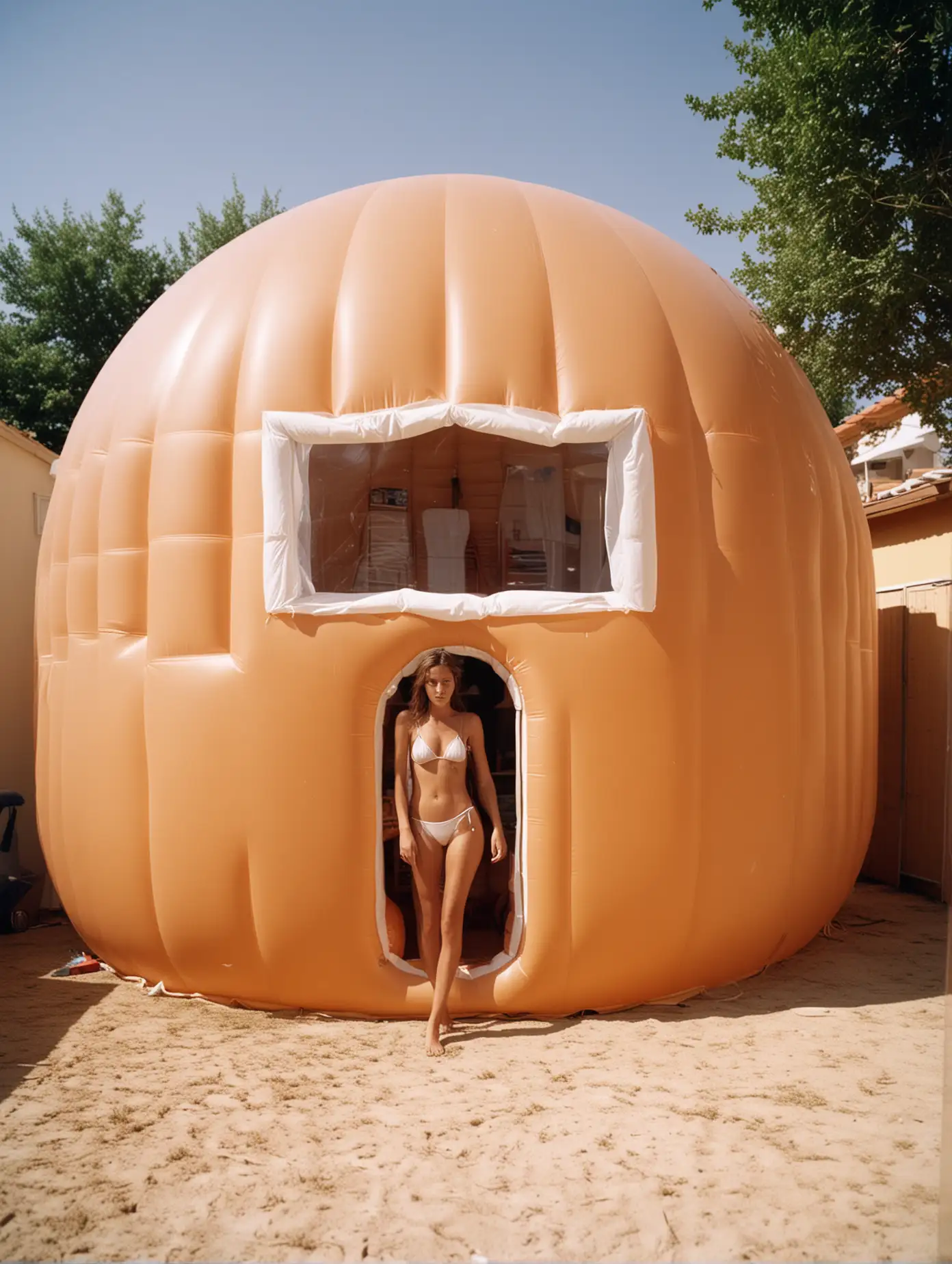Tanned Model Poses in Inflatable House Vibrant Portrait Photography