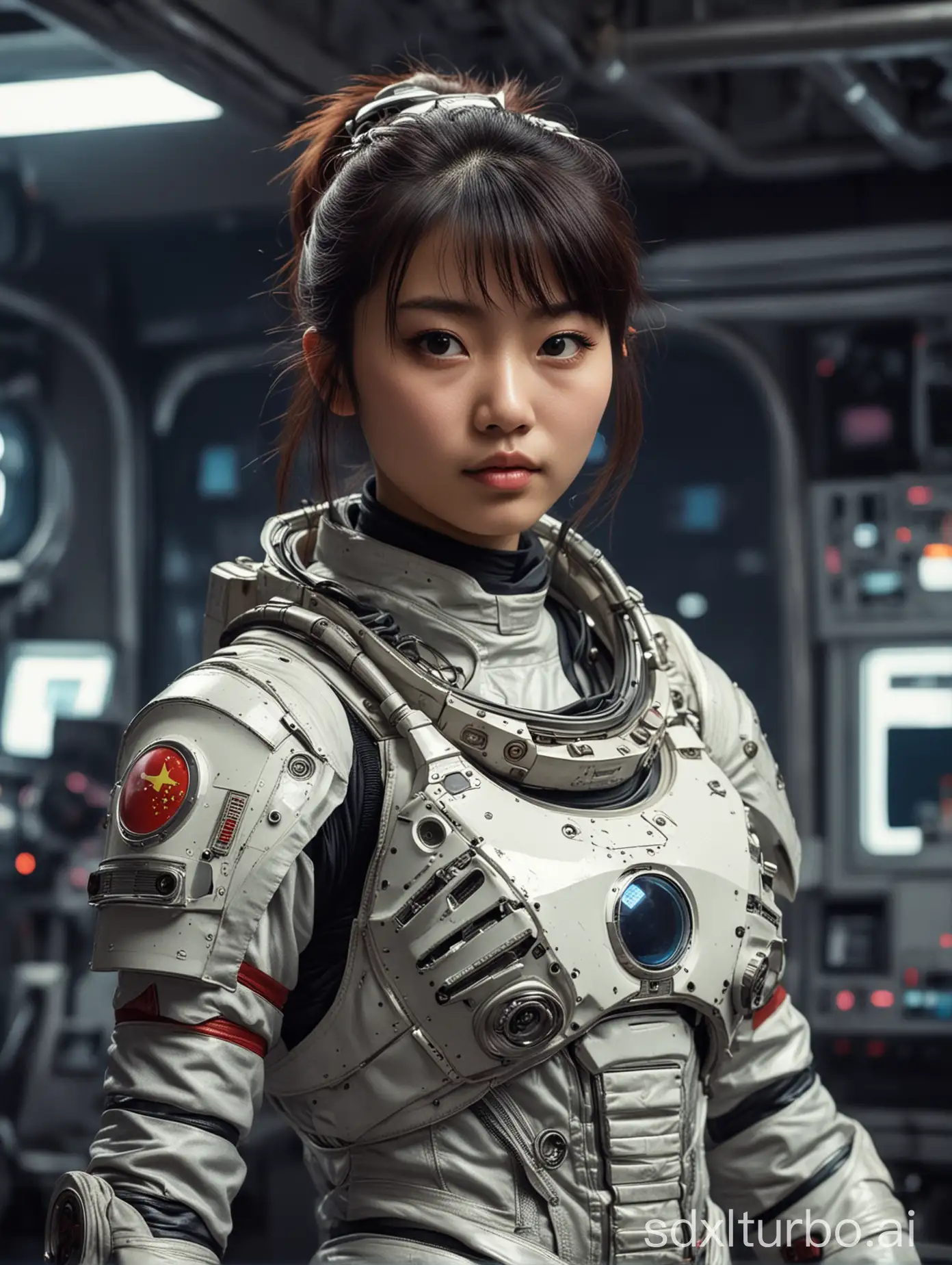 alternative future, 80s tech, space center, Chinese girl armored astronaut