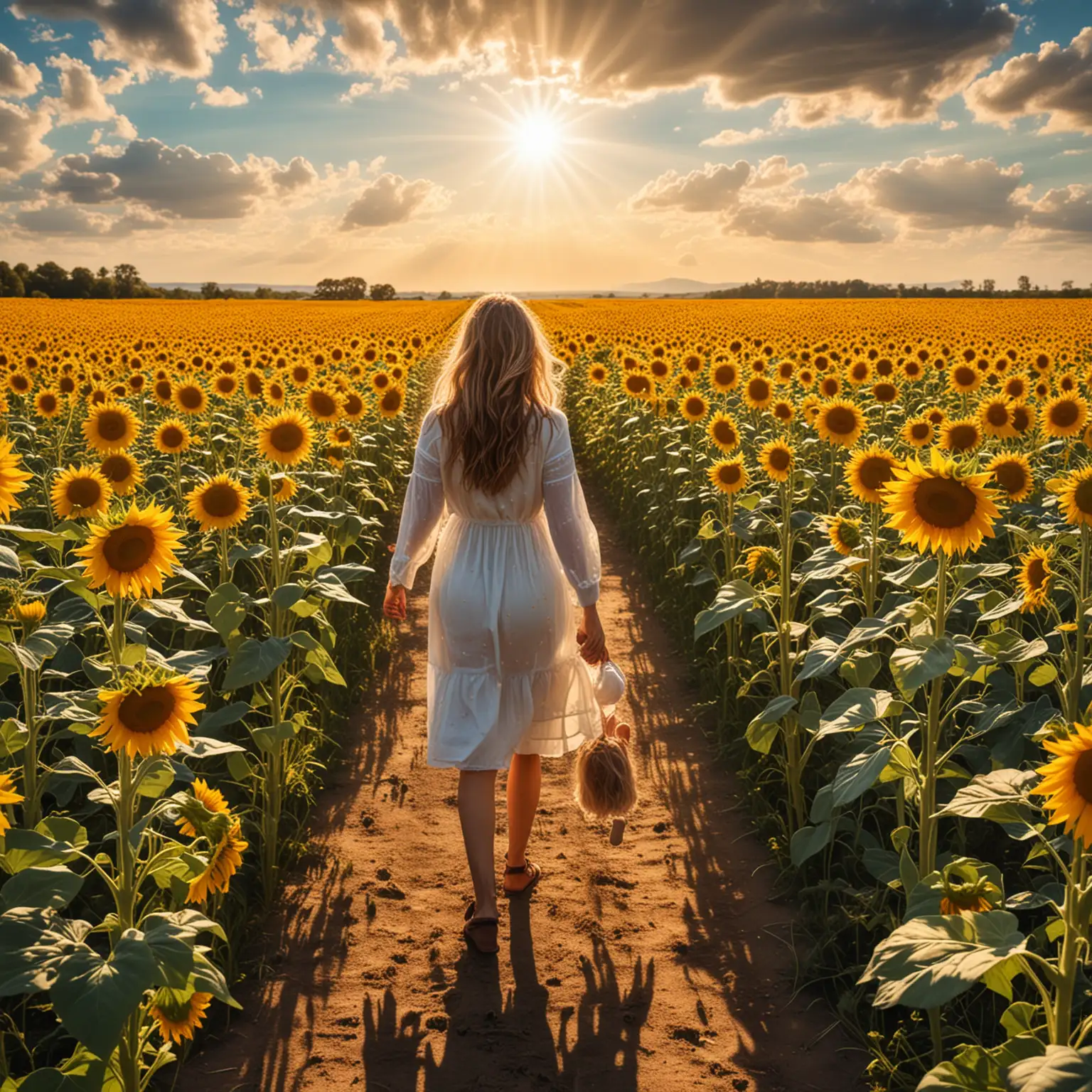 Mother-and-Daughter-Walking-Through-Vibrant-Sunflower-Field