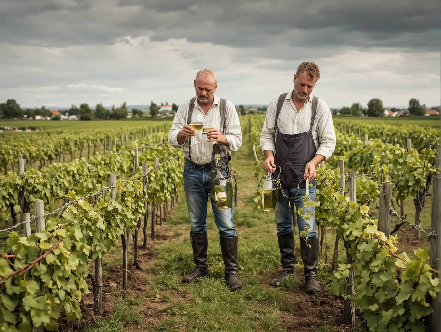 Danish farmer standing in a field of grape vines. He is pouring himself a glass of white wine. He is very unhappy.