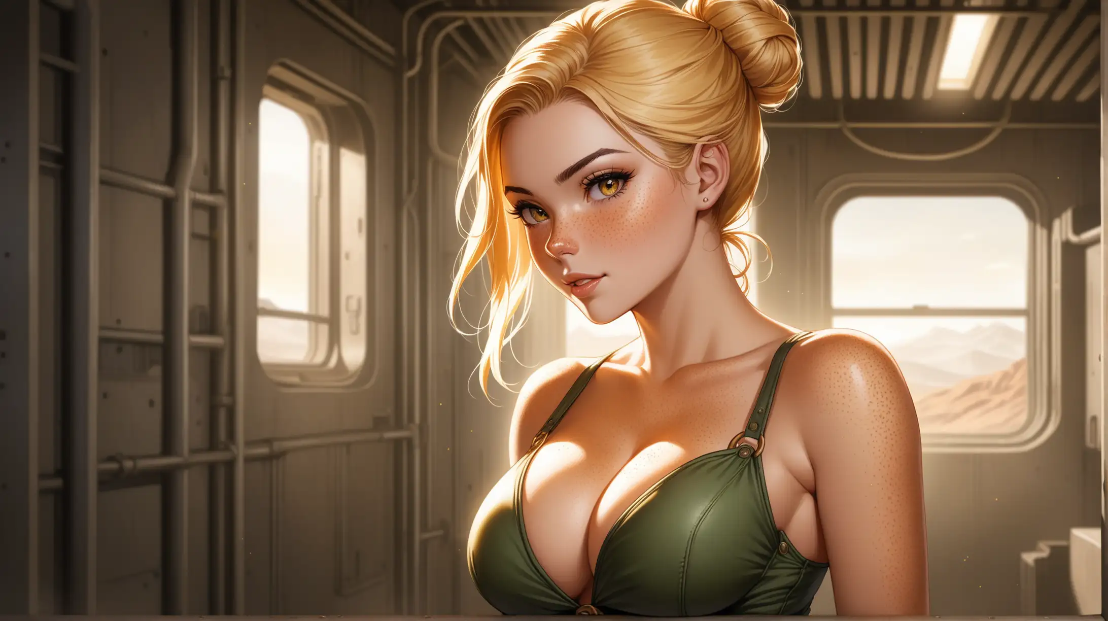 Draw a woman, long blonde hair in a bun, gold eyes, freckles, perky figure, outfit inspired from the Fallout series, high quality, cowboy shot, indoors, seductive, cleavage, natural lighting, loving gaze toward the viewer