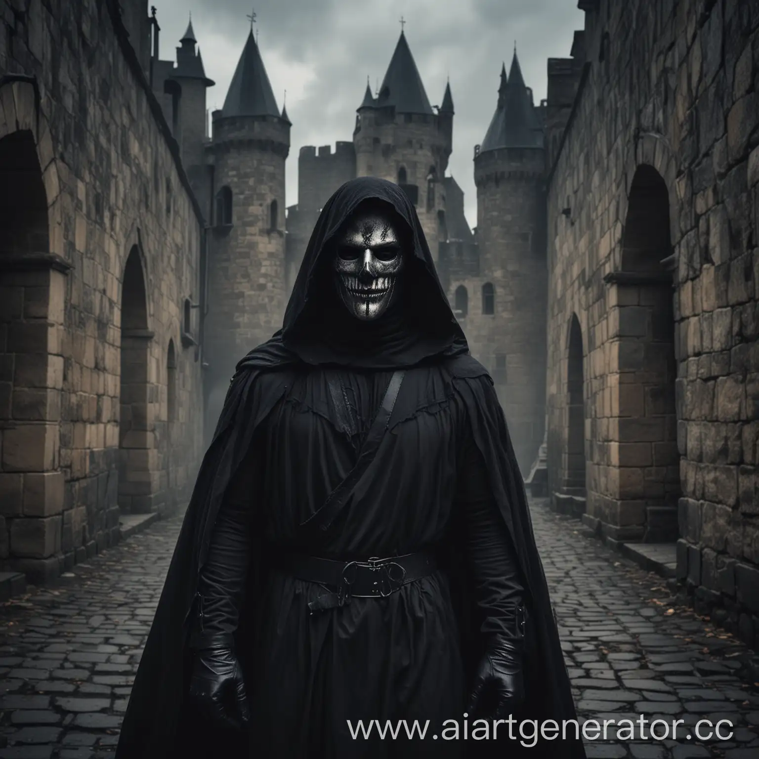 Призрак в черной одежде в закрытой маской лицом в черной замке в плохом освещении 

