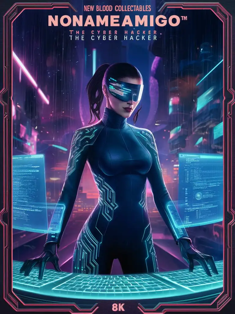  # Input:
Design an 8k card with the bold title: 'New Blood Collectables,' featuring "NoNameAmigo™, the Cyber Hacker" Species "Data Phantom" Include a detailed 8k background and an intricate border with a glossy finish.Stats:Strength: 5/10Speed: 8/10Intelligence: 10/1