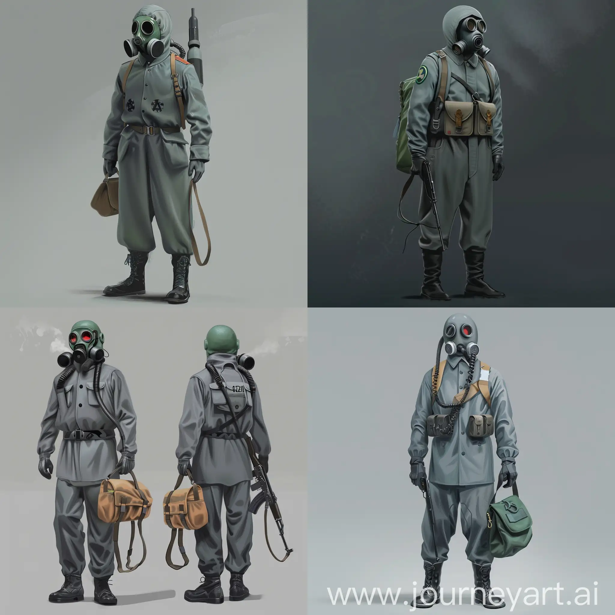 Concept art character, OZK gray hazmat soviet suit, gasmask, weapon on the hands, Shoulder Bag, military vest on body.