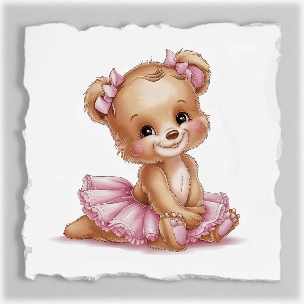 a dainty girl bear with tan fur, rosy cheeks, wearing two bows on her ears and a tutu while sitting down with white background
