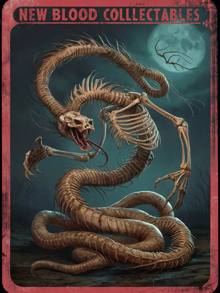   A corroded and discolored 'New Blood Collectables''Skeletal Serpent' card bearing a  Skeletal Serpent is a serpentine monstrosity composed of bones and sinew. With its venomous bite and constricting coils, it ensnares its prey before delivering a fatal strike.