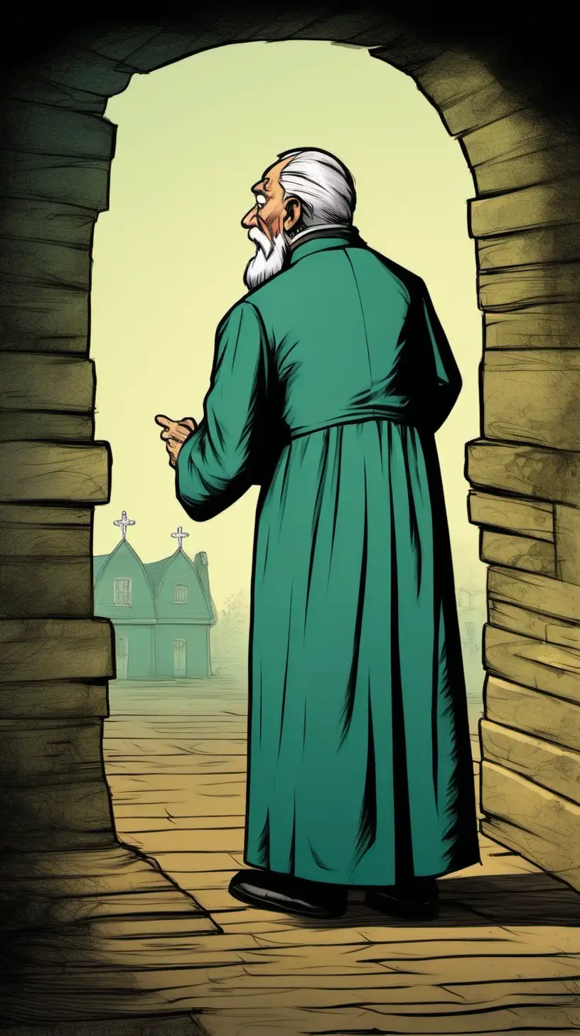 Cartoony color.  An old priest  from the 1800s from  behind looking at something we cannot see