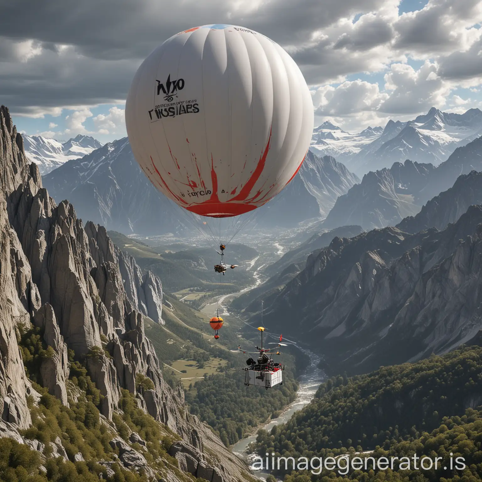 Help me design an aerial rescue balloon, design a kind of device similar to a balloon, which can carry relief personnel and equipment. This ball can be controlled by drones or other aircraft to quickly reach mountain target locations. Once the destination is reached, the ball can slowly descend, placing relief personnel and equipment in the area requiring rescue