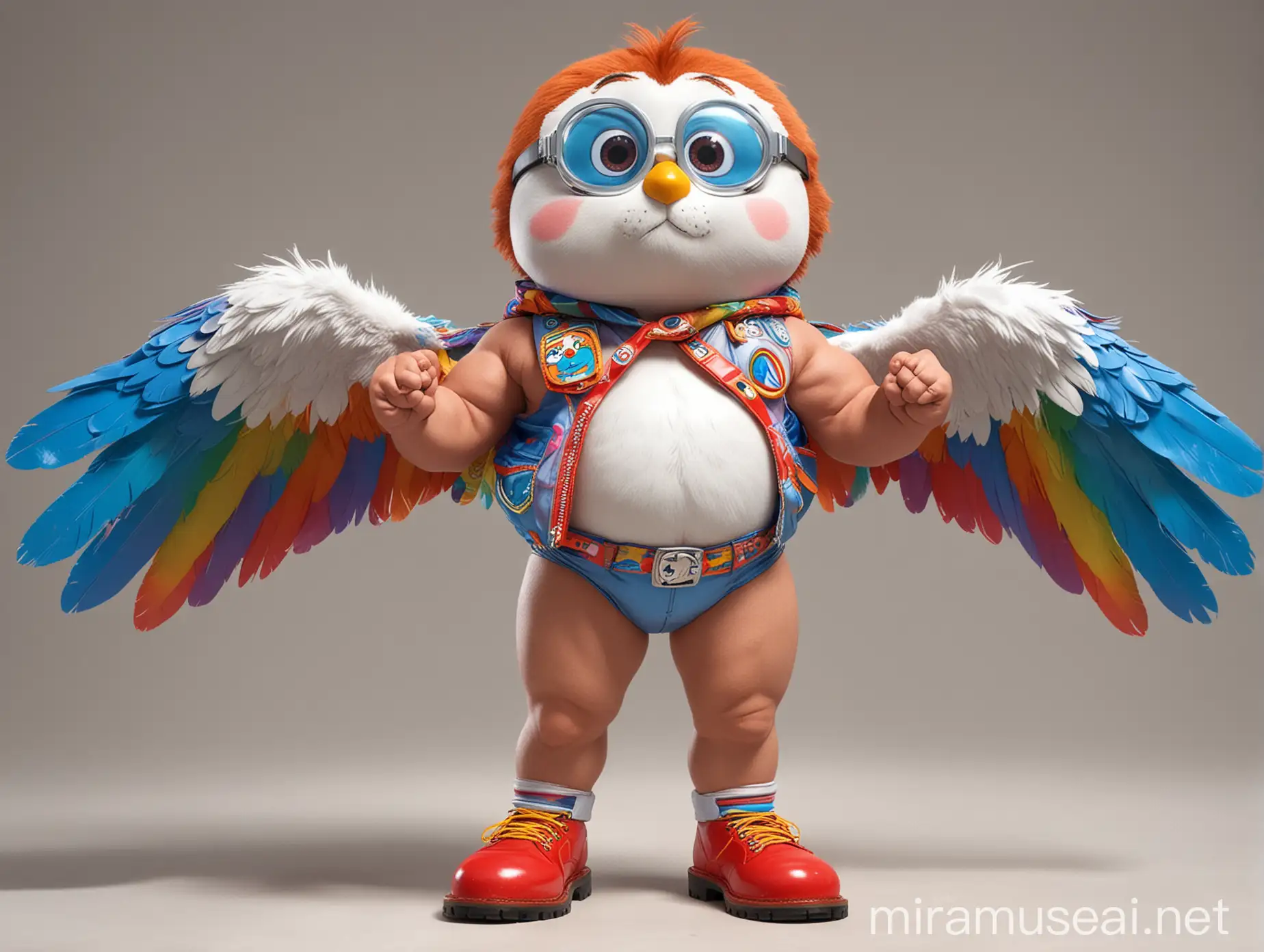 Big Eyes Subtle Smile Topless 40s Ultra beefy Red Head Bodybuilder Daddy with Beard Wearing Multi-Highlighter Bright Rainbow Colored See Through huge Eagle Wings Shoulder Jacket short shorts long legs short boots and Flexing his Big Strong Arm Up with Doraemon Goggles on forehead side pose