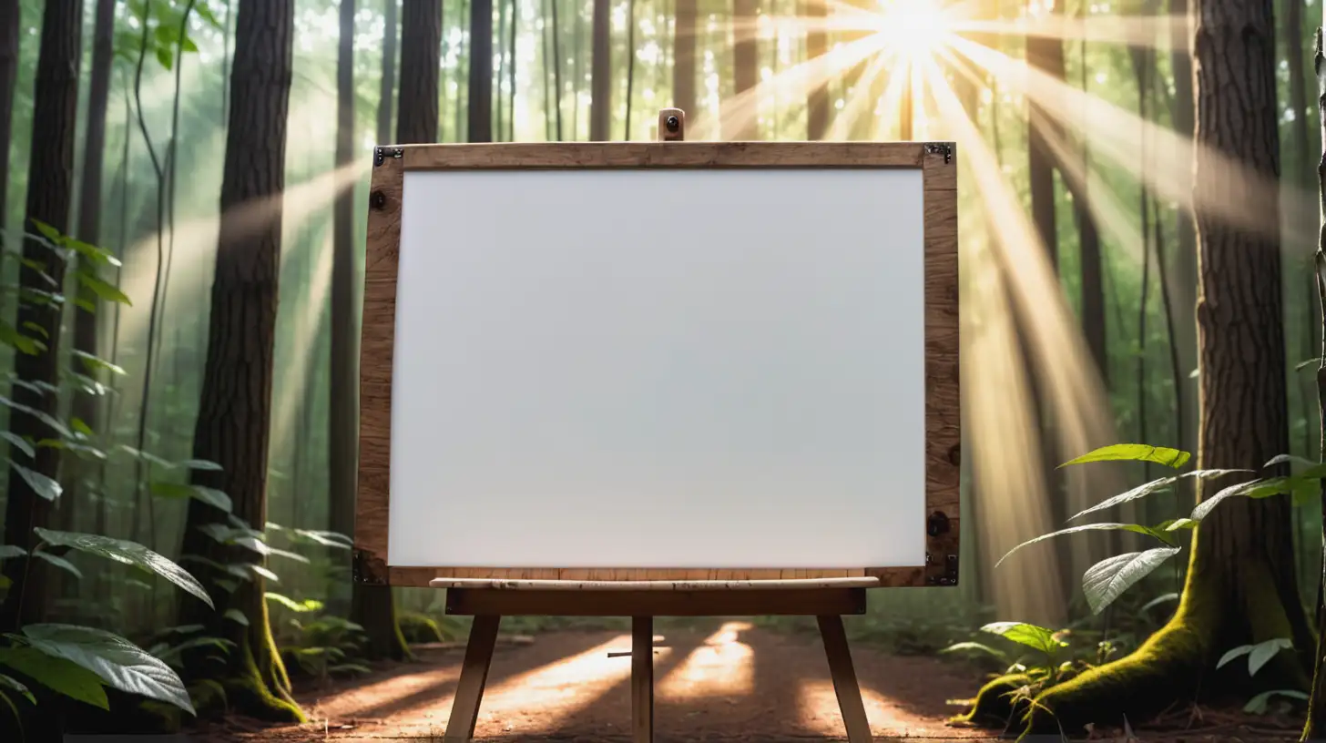 A white board made of wood to write on. The background is a dense forest with sunbeams coming through the trees. 
