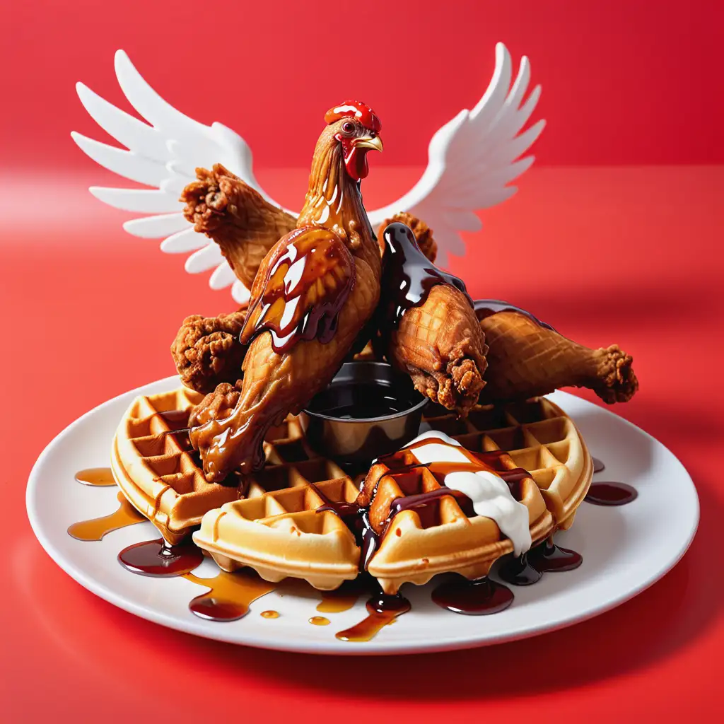 a plate with waffles and fried chicken wings with syrup dripping down, a bright red background
