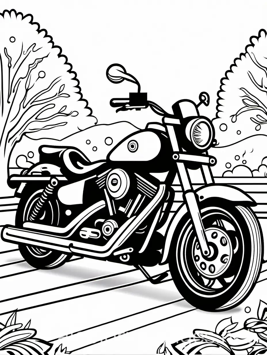 simple coloring page big harley motorcycle chrome fancy scenery driving winding road background design, Coloring Page, black and white, line art, white background, Simplicity, Ample White Space. The background of the coloring page is plain white to make it easy for young children to color within the lines. The outlines of all the subjects are easy to distinguish, making it simple for kids to color without too much difficulty, Coloring Page, black and white, line art, white background, Simplicity, Ample White Space. The background of the coloring page is plain white to make it easy for young children to color within the lines. The outlines of all the subjects are easy to distinguish, making it simple for kids to color without too much difficulty, Coloring Page, black and white, line art, white background, Simplicity, Ample White Space. The background of the coloring page is plain white to make it easy for young children to color within the lines. The outlines of all the subjects are easy to distinguish, making it simple for kids to color without too much difficulty