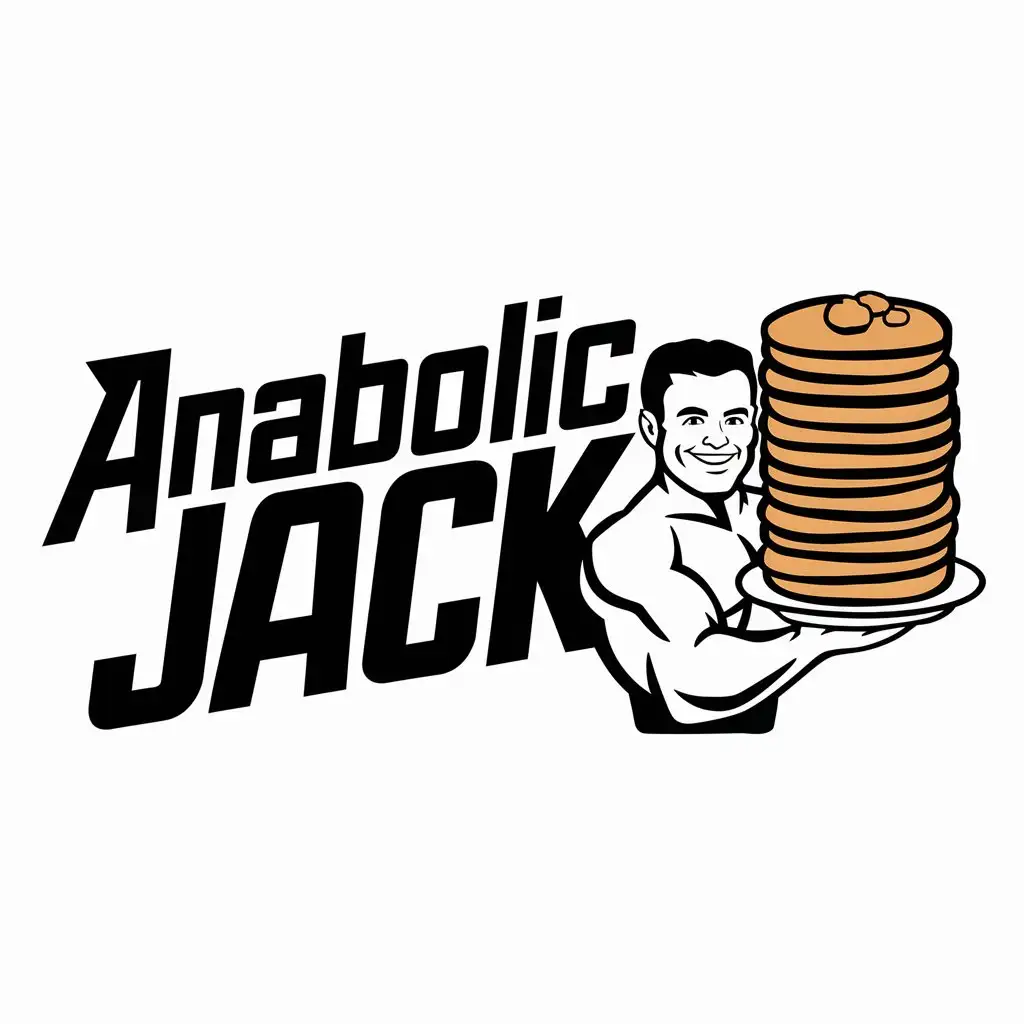 a logo design,with the text "Anabolic Jack", main symbol:person with muscles holding a plate of pancakes,Moderate,be used in Sports Fitness industry,clear background