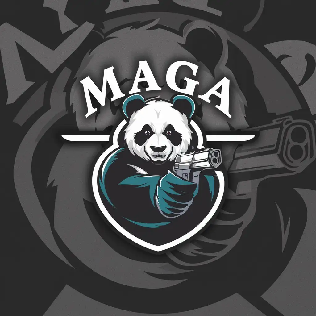 a logo design,with the text "maga", main symbol:pistol-carrying panda,complex,clear background