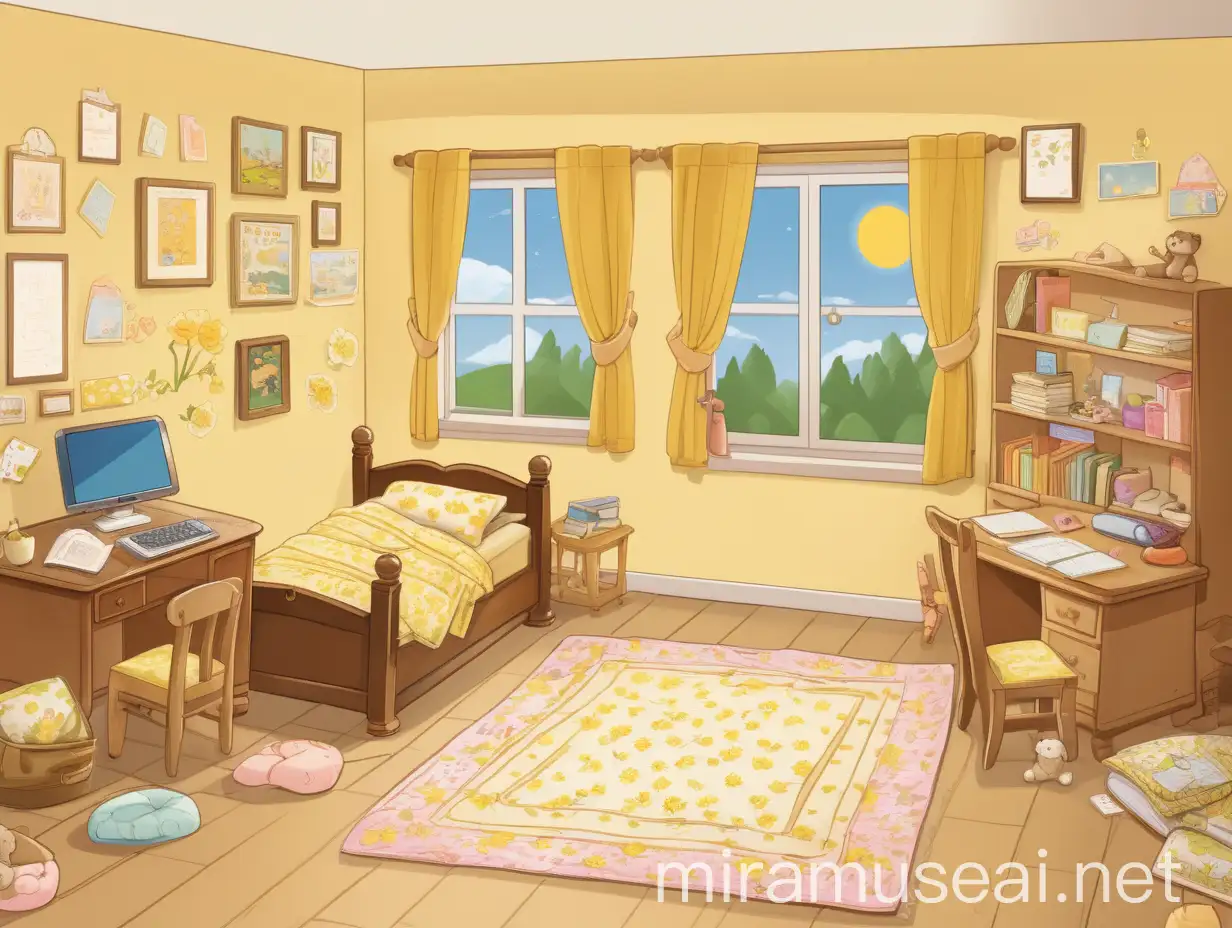 Please help me generate an illustration with the theme of a seven-year-old girl's bedroom. I hope the left side of the picture is a wooden bed covered with a light yellow floral quilt. There is a desk and seat on the right, and there are scattered books, pencils and test papers on the desk. There is a doll bear on the seat. In the middle is an open window, the sun shines to the ground, and there is a clear sky outside. Style: cartoon, game, healing, warmth. Tone: Warm. The picture is high-definition.