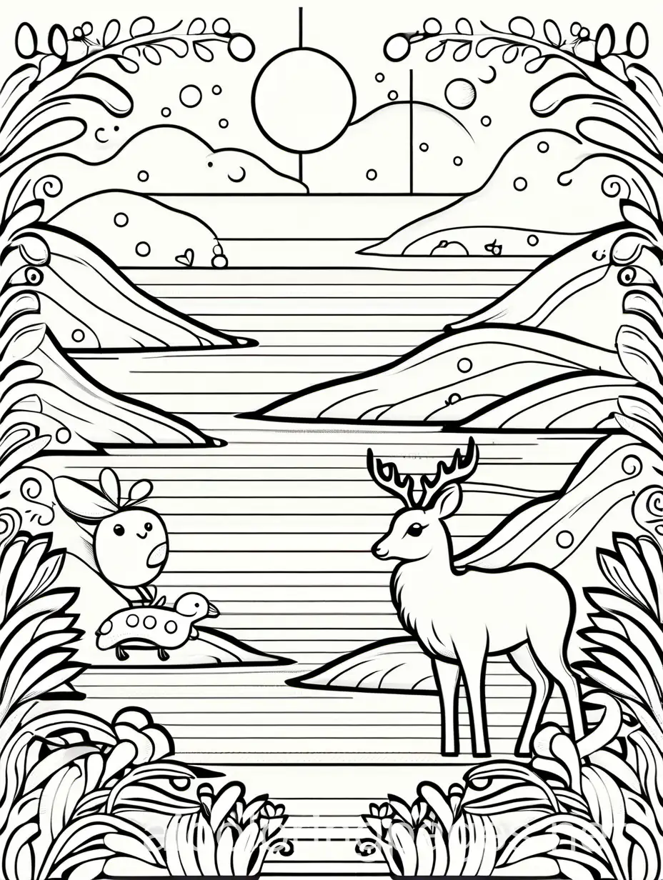cute animals for kids, Coloring Page, black and white, line art, white background, Simplicity, Ample White Space. The background of the coloring page is plain white to make it easy for young children to color within the lines. The outlines of all the subjects are easy to distinguish, making it simple for kids to color without too much difficulty