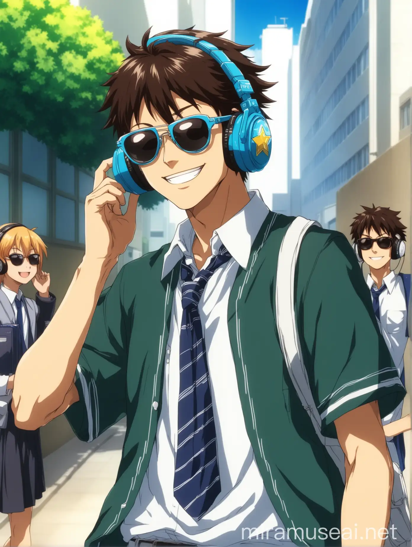 Smiling Anime School Boy with Sunglasses and Headphones