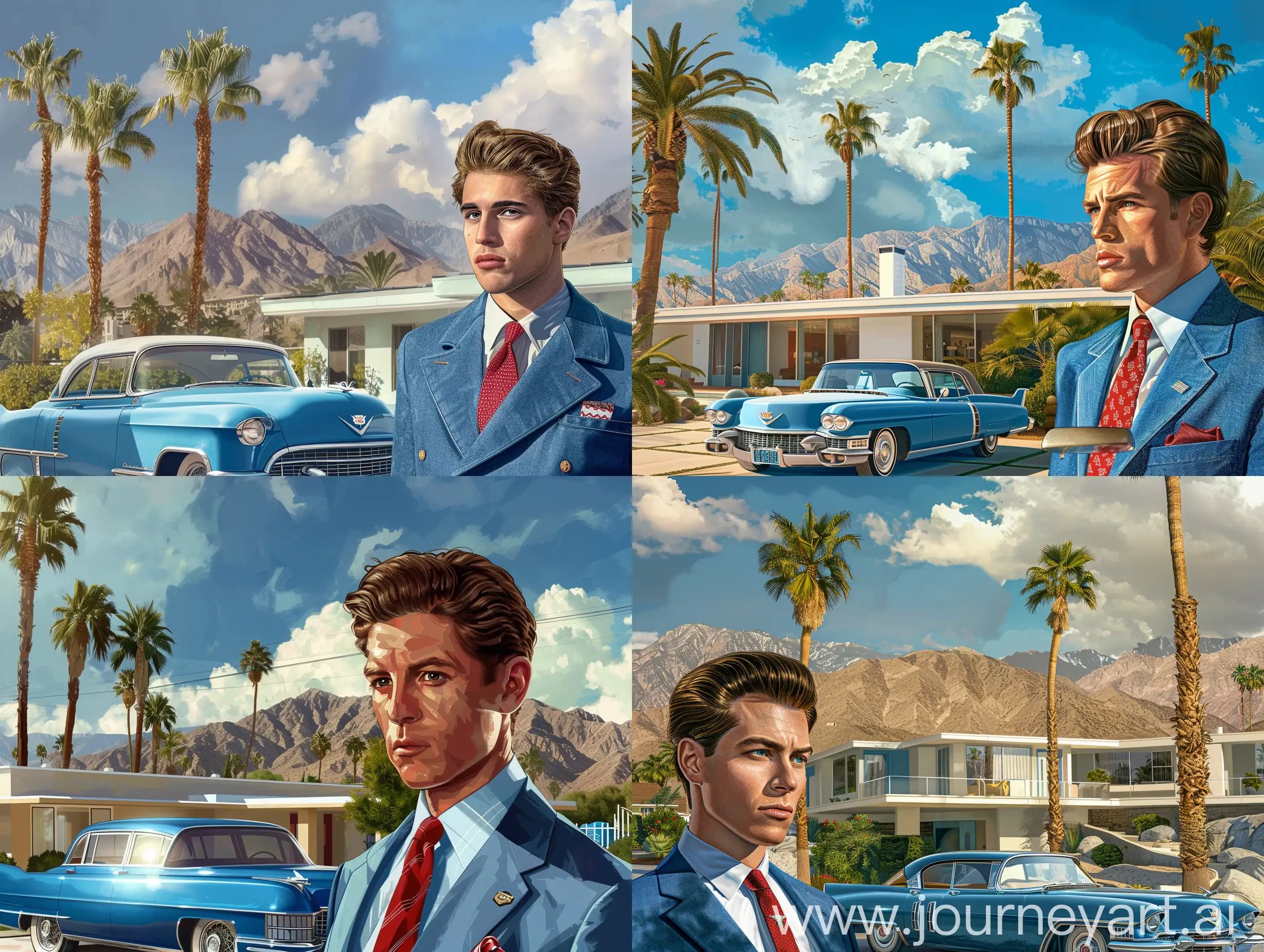 Palm springs midcentury two floors villa palm trees, mountains in the background, late afternoon sunlight, clouds, photorealistic, fifties blue cadillac, fifties american elegant dandy man brown hair, blue jacket, red tie