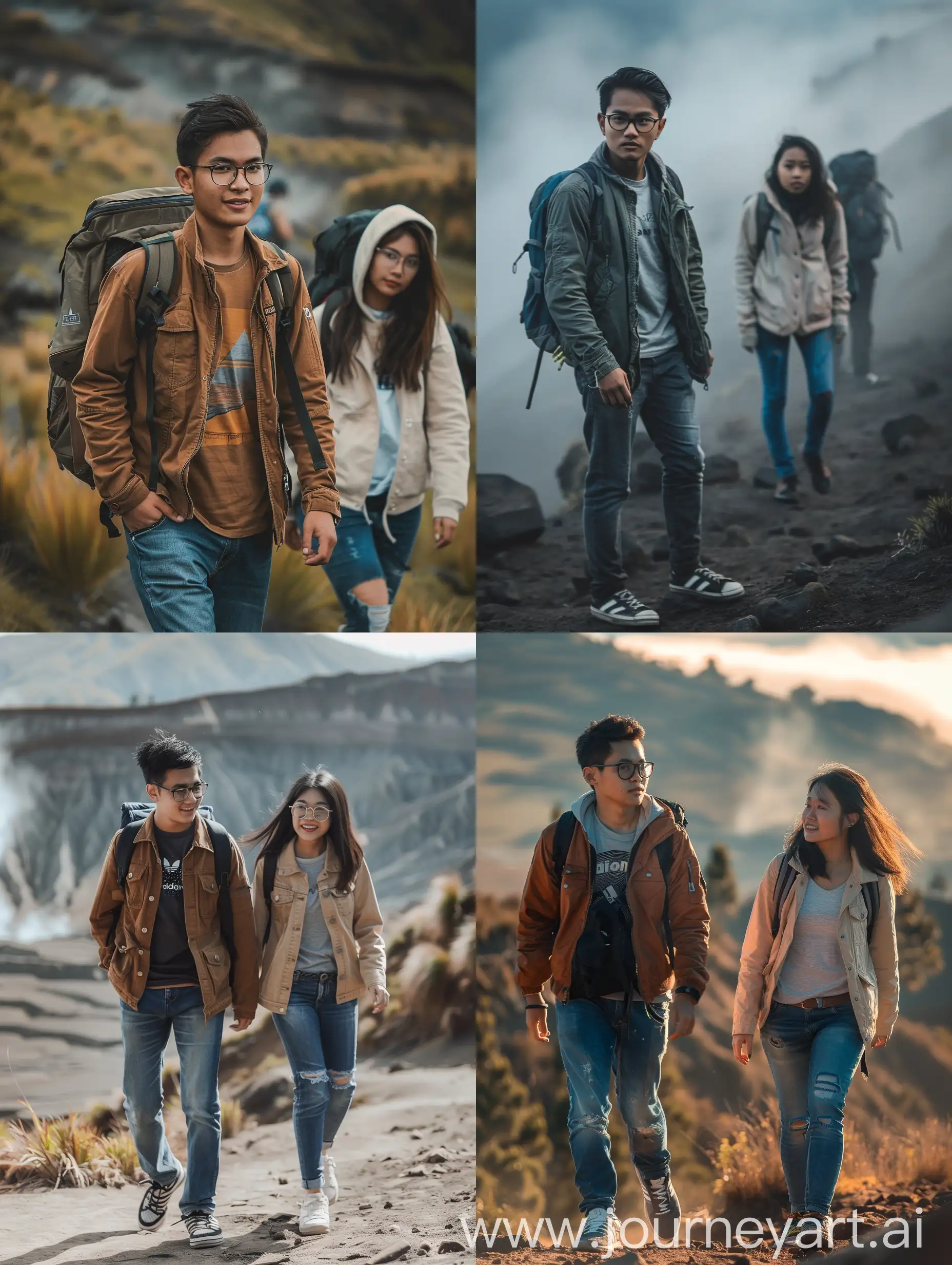 Young-Indonesian-Couple-Hiking-Mount-Bromo-in-Trucker-Jackets-and-Adidas-Shoes