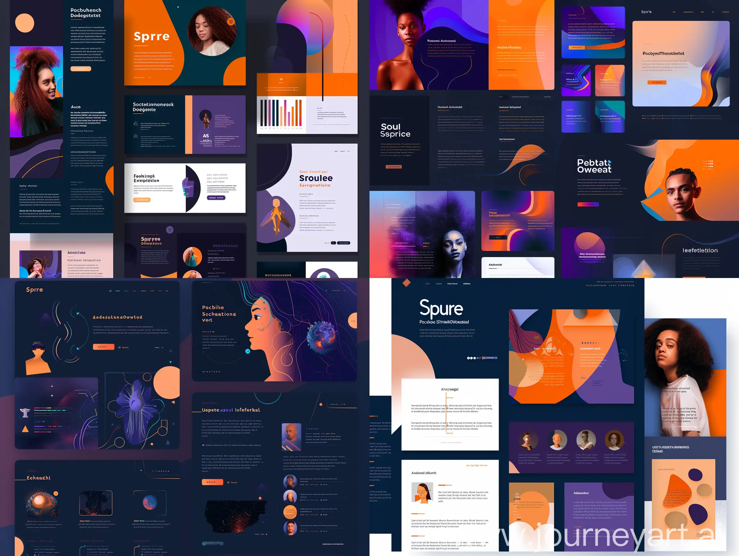 "Create a Behance case study template for 'Spire,' a global platform for industrial design students, inspired by the aesthetics of 'Soul' and 'Elemental.' The style should be modern, minimalistic, and professional with an artistic flair. Use a rich color palette of deep blues, purples, warm oranges, and subtle gradients. Typography should be clean and modern, such as Helvetica Neue, Avenir, or Montserrat. The template should include sections for Introduction, Problem Statement, Solution Overview, Character Introductions, User Journey, Interactive Elements, Testimonials, and Conclusion. Visual elements should combine flat design with subtle, elegant animations for depth and engagement."