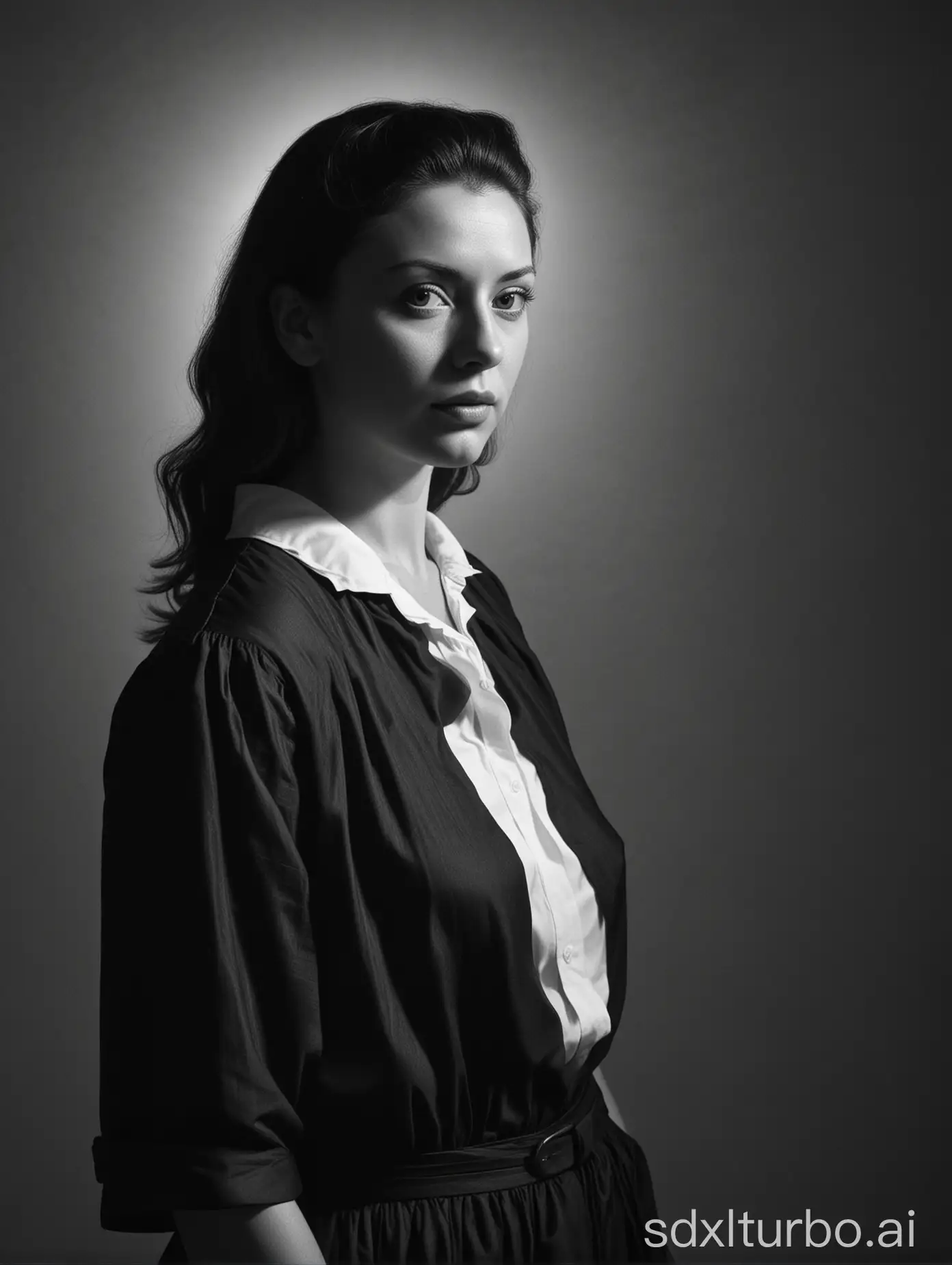 a Woman posing for a black and white photo, in the style of contrasting lights and darks, spanish school, social media portraiture, jonathan wolstenholme, cinestill 50d, jusepe de ribera, mary beale