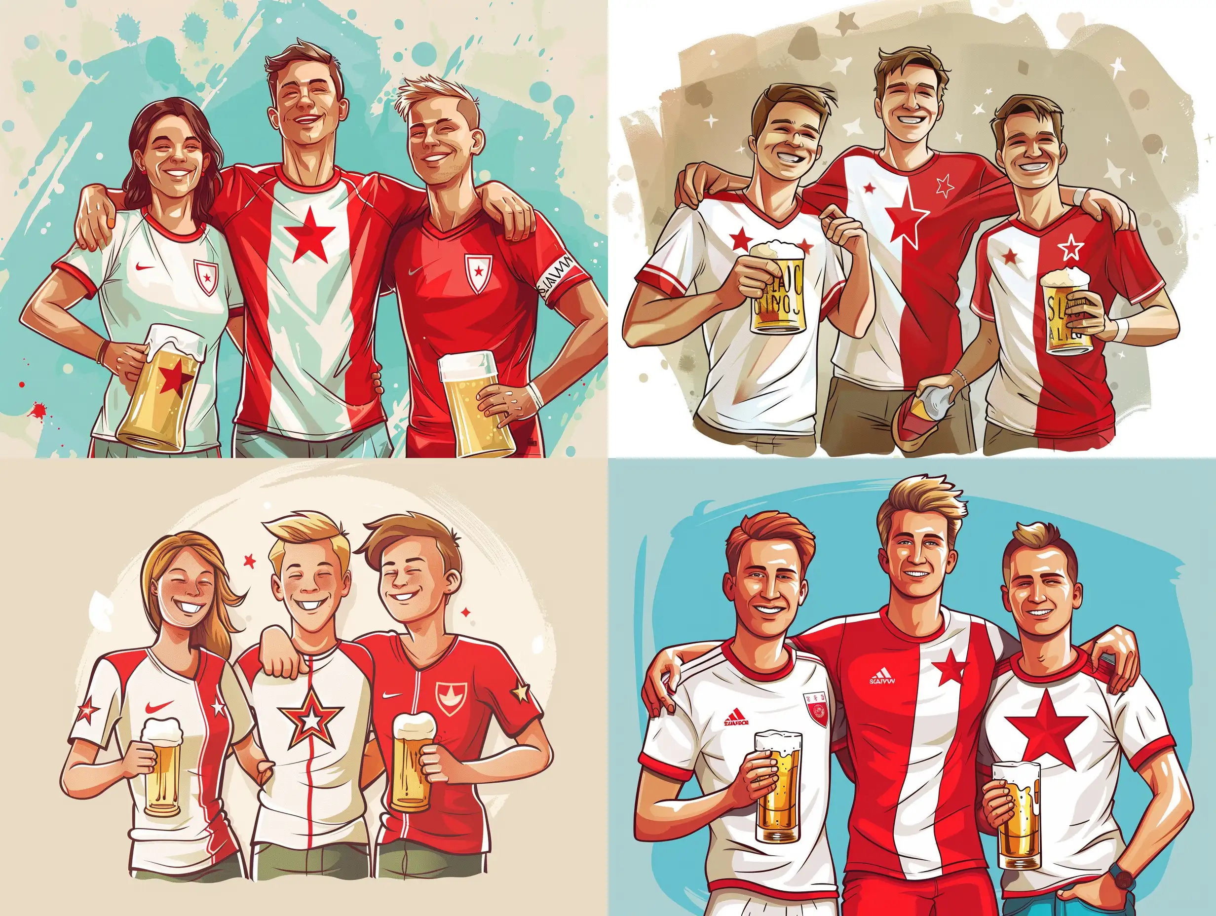 Cartoon of three fans of football club Slavia Prague with beer, fanoušci mají červenobílé dresy svisle rozpůlené, levá strana bílá, pravá červená. V bílé straně dresu je na místě srdce pěticípá červená hvězda postavená na jeden cíp