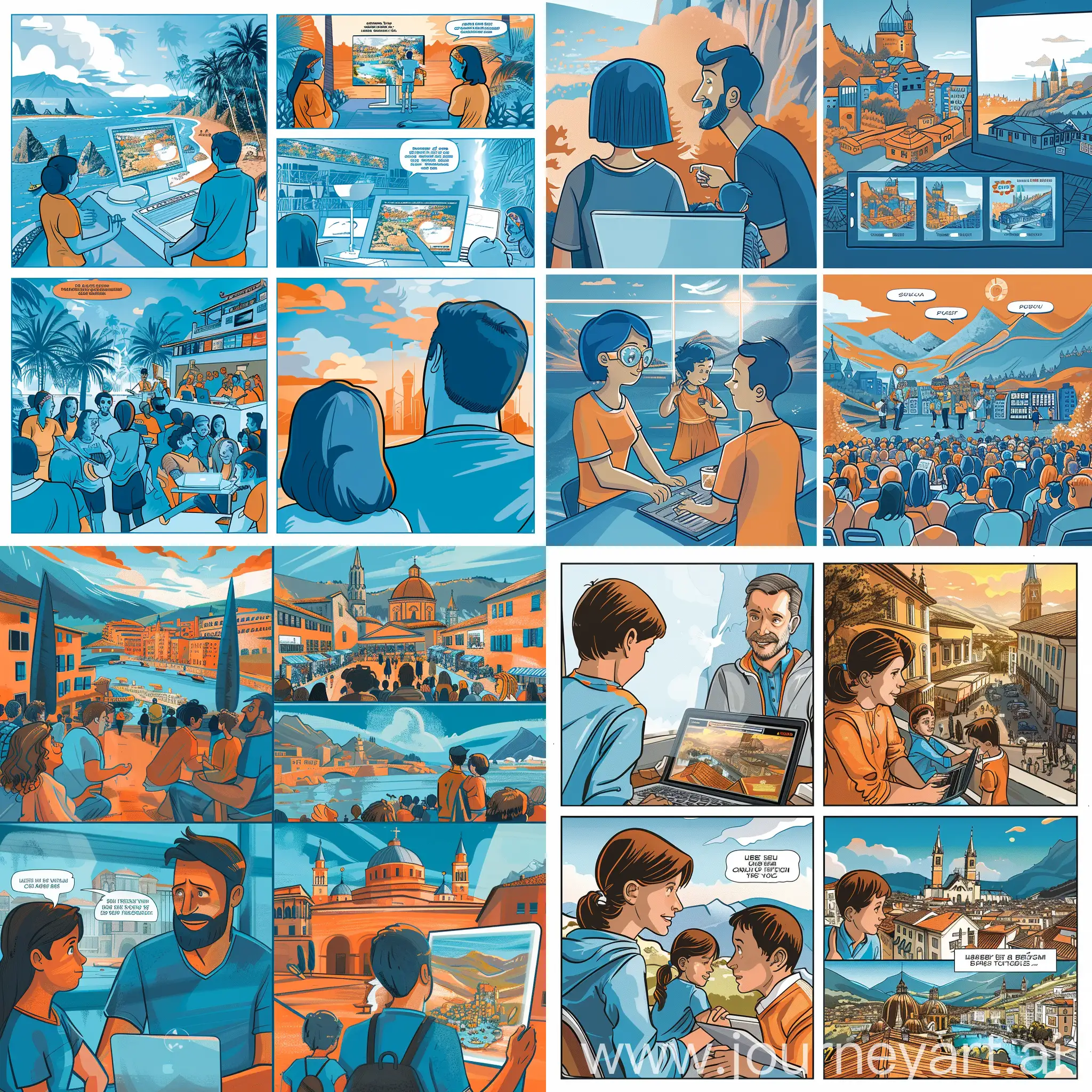 Create me a comic book of four images. In 1 image, a family who does not know where to go on a trip. The second picture shows that they are watching something on a laptop. The third picture shows that they are at a forum where various regions with their tourist programs are represented. And in the last photo where they are on vacation (Use blue and orange colors)