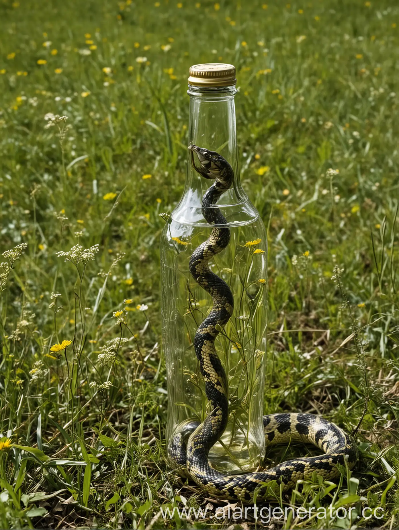 A bottle with a pickled snake stands in the meadow.