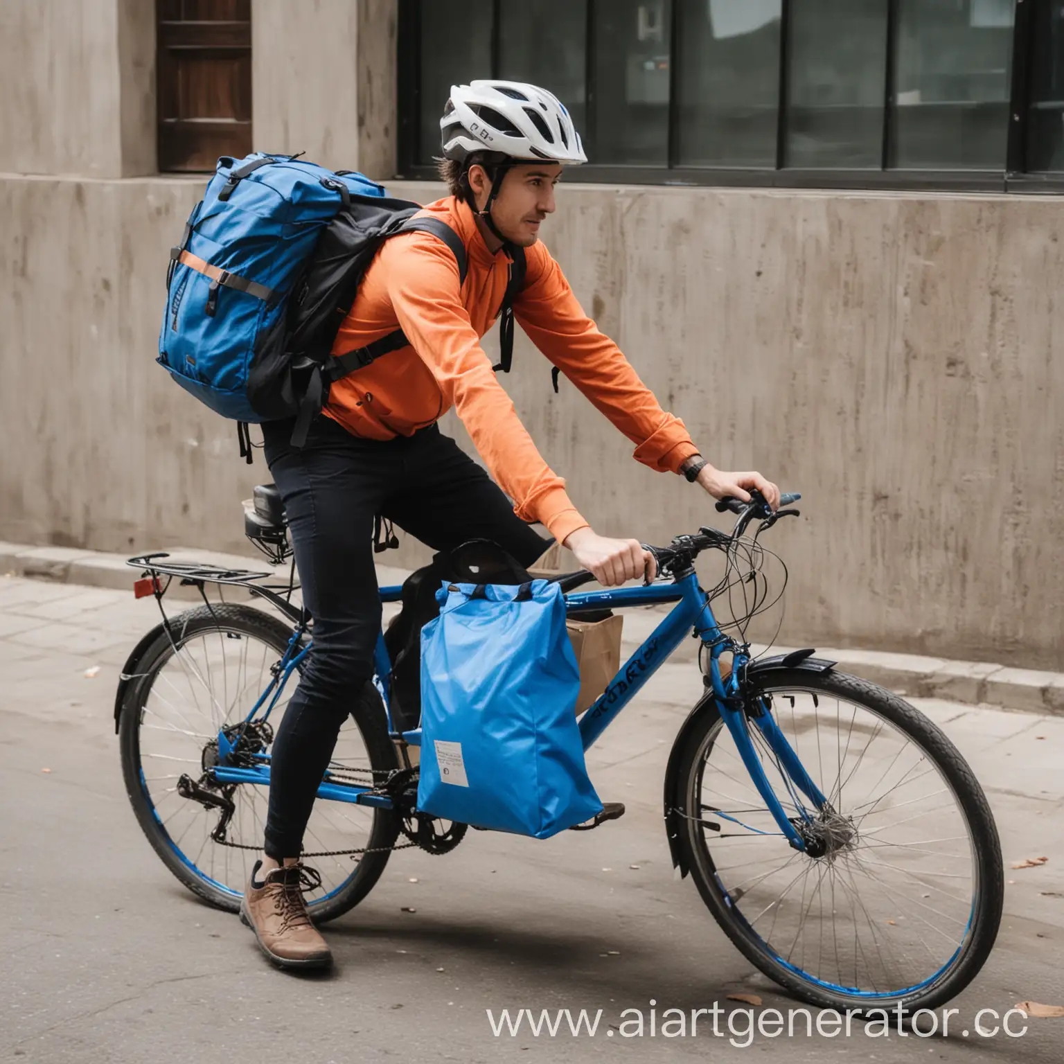 скоростной курьер на велосипеде с синей сумкой