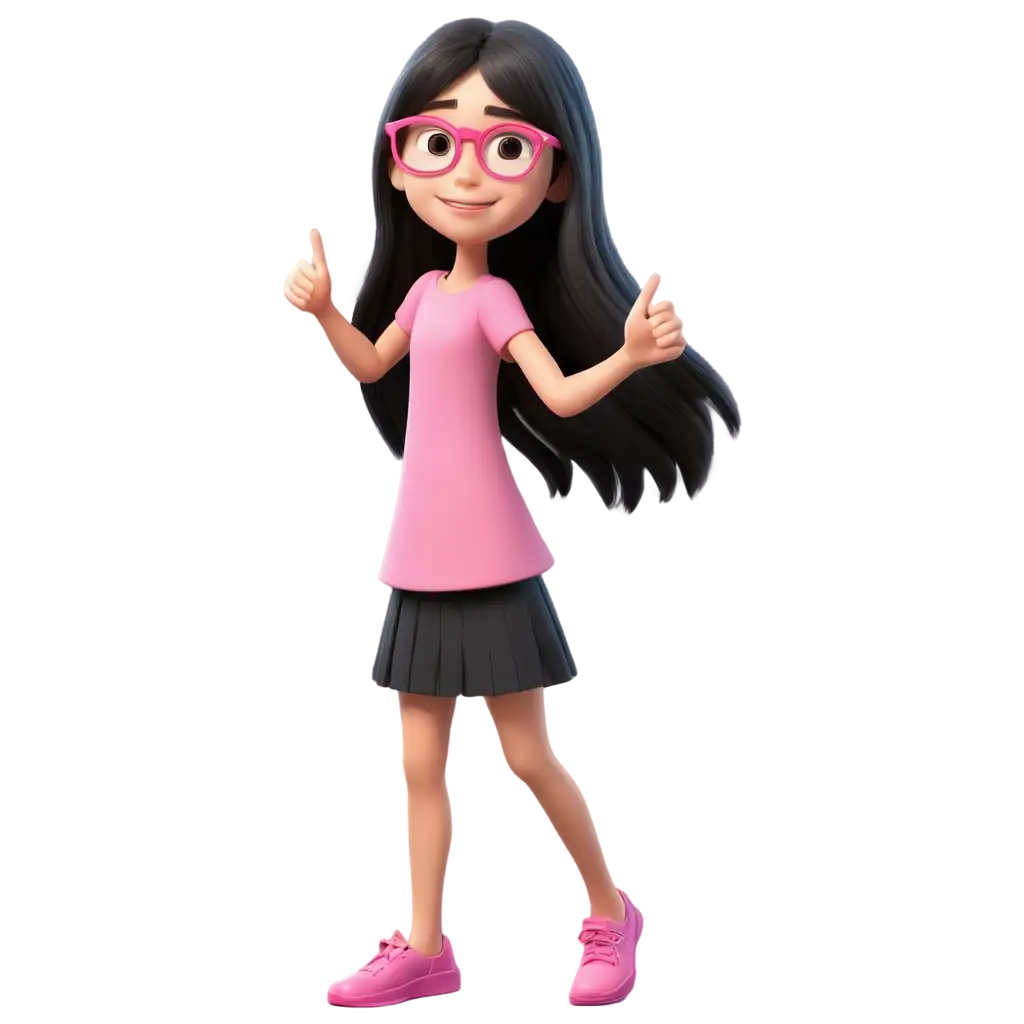 A 3d of a little girl wearing pink eyeglass with long black straight hair