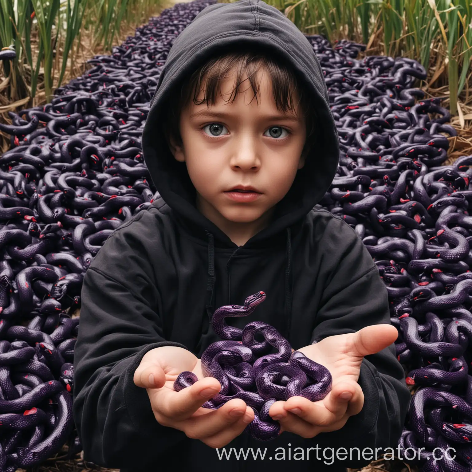 парень в черном худи, вытянутая рука, из ладони в разные стороны выползают множество маленьких пурпурных змеек