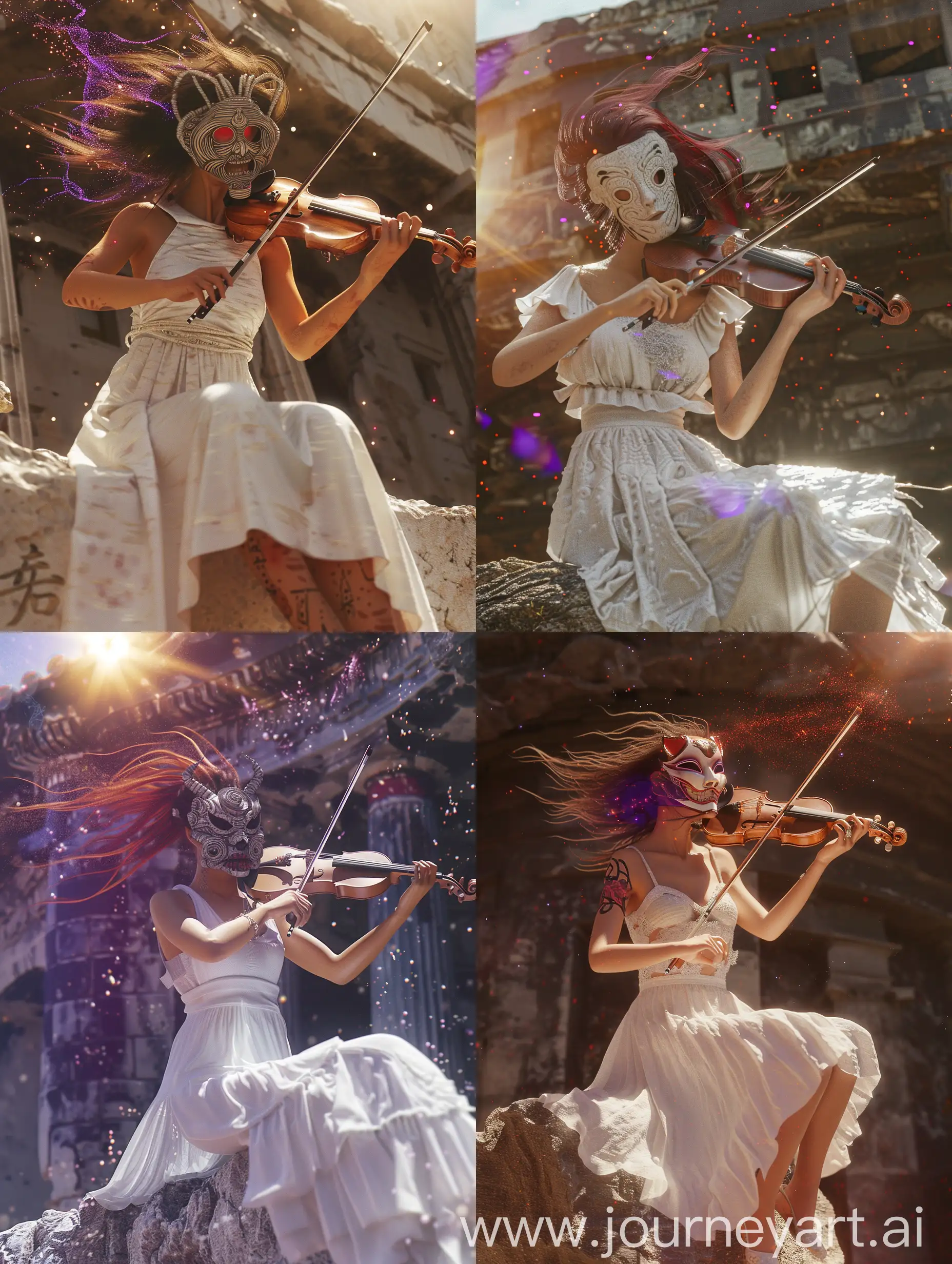 a woman wearing Japanese twisted namahage mask playing violin ((( Yokai))) , in a white space dress sits on a rock above the abyss, the sun, the wind blowing hair and dress, madness, purple-red mixed tones, cinematic, realism, Using (((imagination))) to craft a photorealistic representation of an unusual fantasy dream, Abandoned ancient temple in Tokyo, Amazing, shocking, Mysterious, Contrasty, ivory colors, Memphis, magic sparkles lighting, The UHD camera captures every detail of this moment, highlighting the colors and textures. Render her in a photorealistic style, cinematic, capturing the fine details of her features and surroundings. Pay close attention to realistic skin tones, textures, and lighting conditions. Ensure the image is in high resolution, such as 8K, to showcase the intricate details and allo