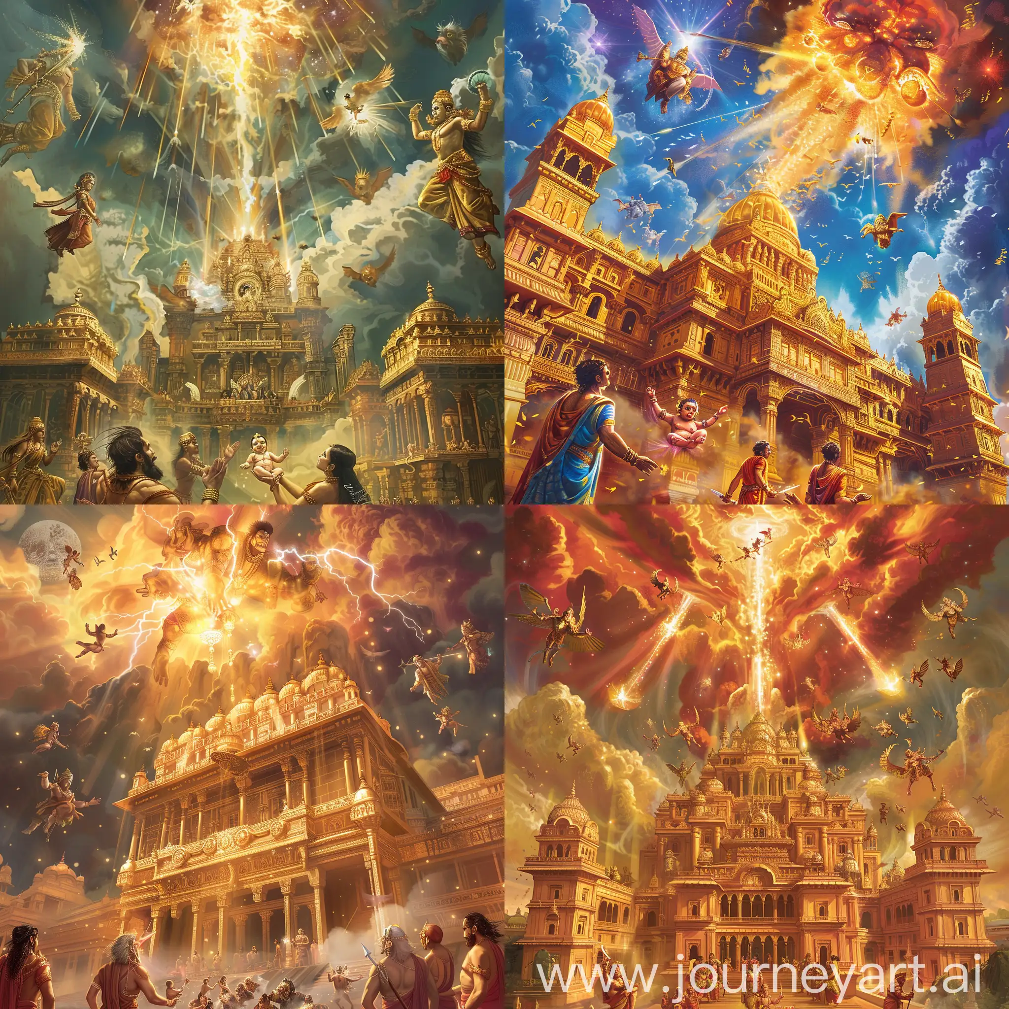 **Text:** "In the golden city of Lanka, a mighty warrior was born to the demon king Ravana and his queen Mandodari. He was named Meghanada, meaning 'Thunderous Roar.'"  **Illustration:** A magnificent palace in Lanka with baby Meghanada being blessed by celestial beings as the heavens roar above.