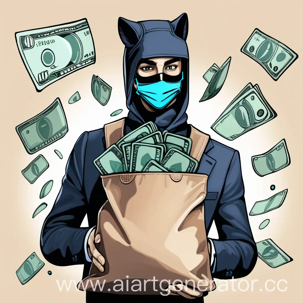 Изобрази телеграм человеком в маске с мешком денег
